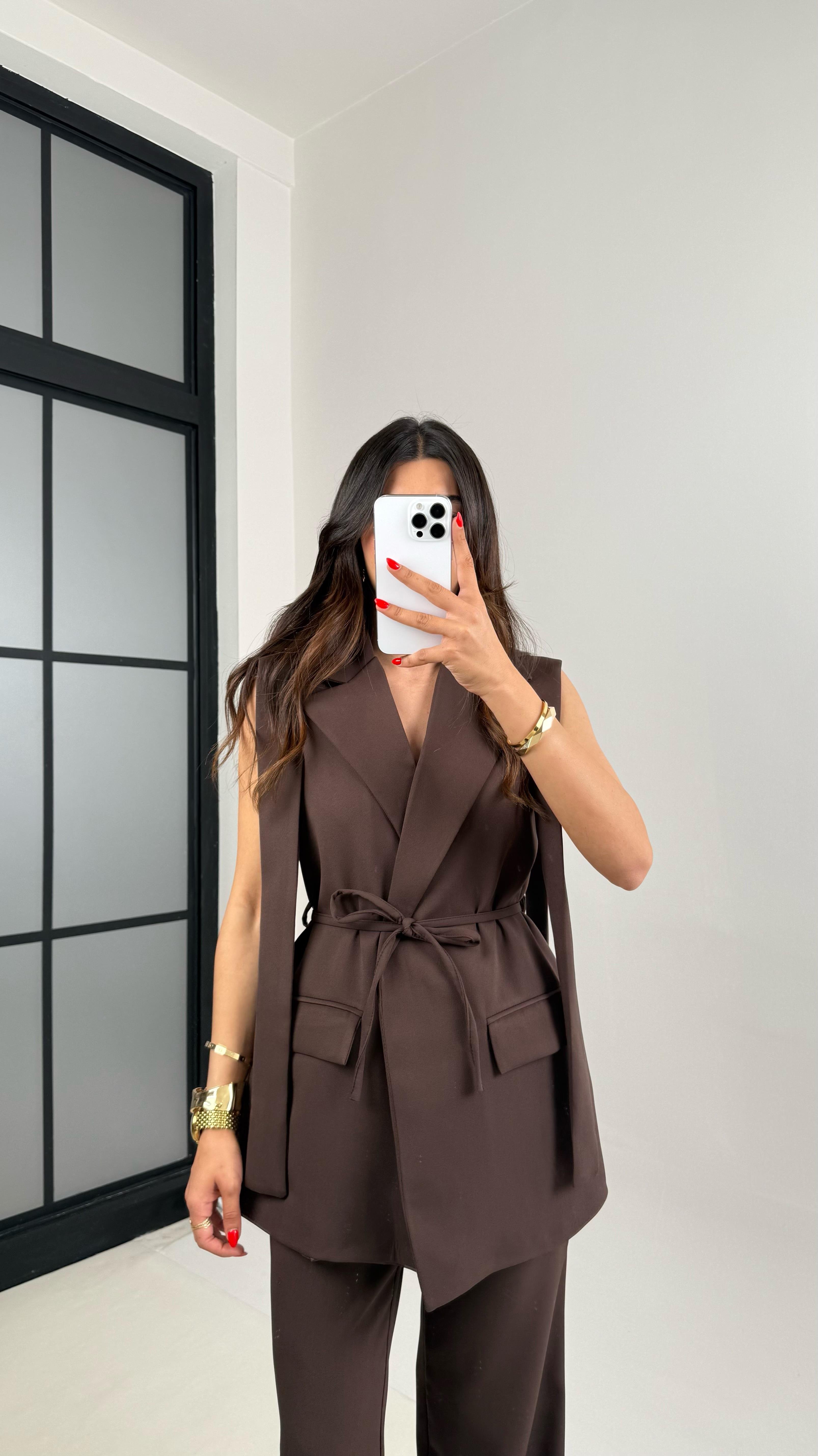 Acı Kahve Omuz Detaylı Kuşaklı Astarlı Yelek Cepli Pantolon Kumaş Takım Gaus00476GausTAKIMGU1002112