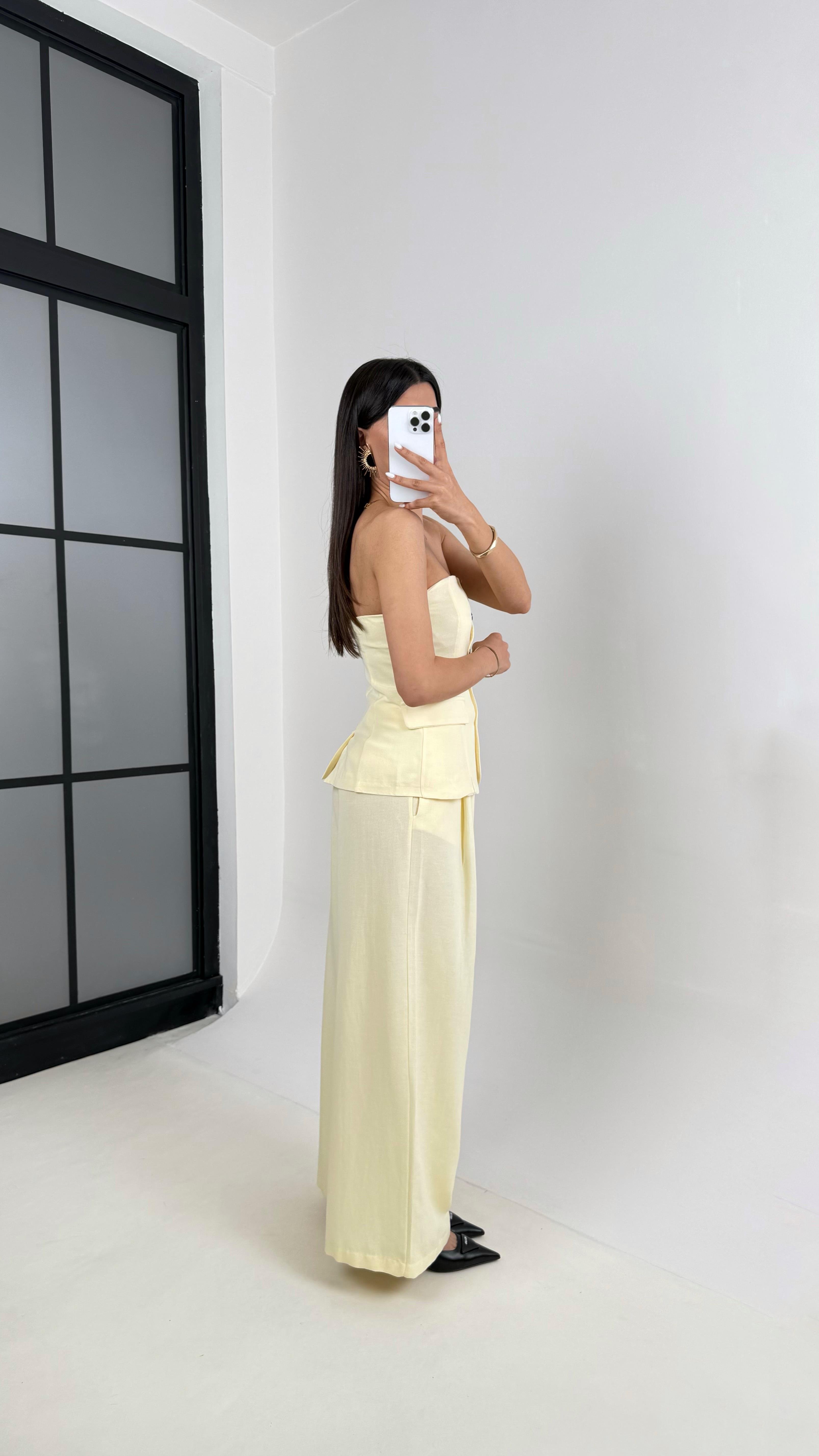 Sarı Straplez Düğmeli Üst Cepli Pantolon İkili Keten Tasarım Takım Gaus00440GausTAKIMGU1002020