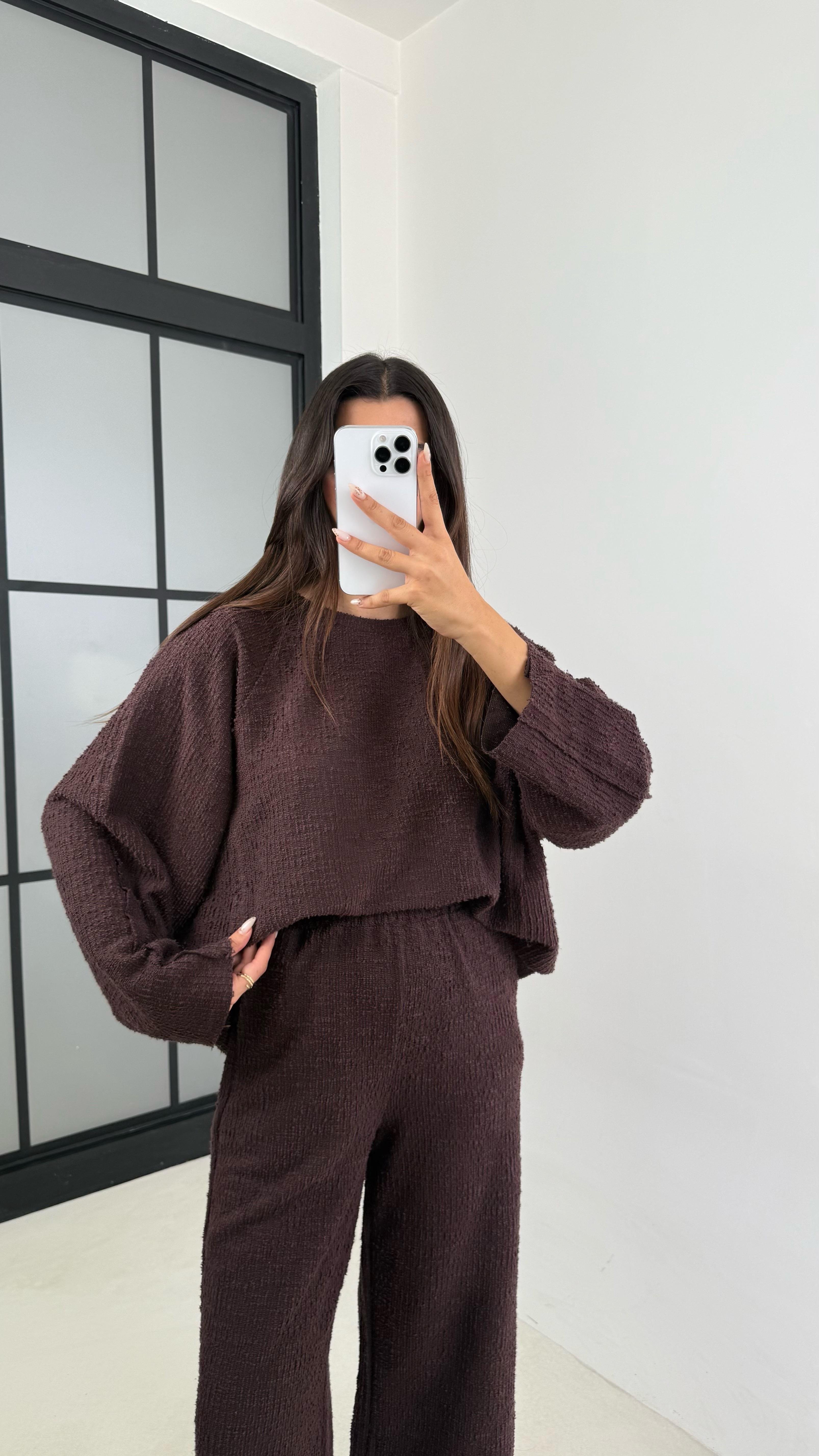 Acı Kahve Kazak Beli Lastikli Pantolon Buklet Kumaş İkili Takım GAUS-00138GAUSTAKIMGAUS-00138