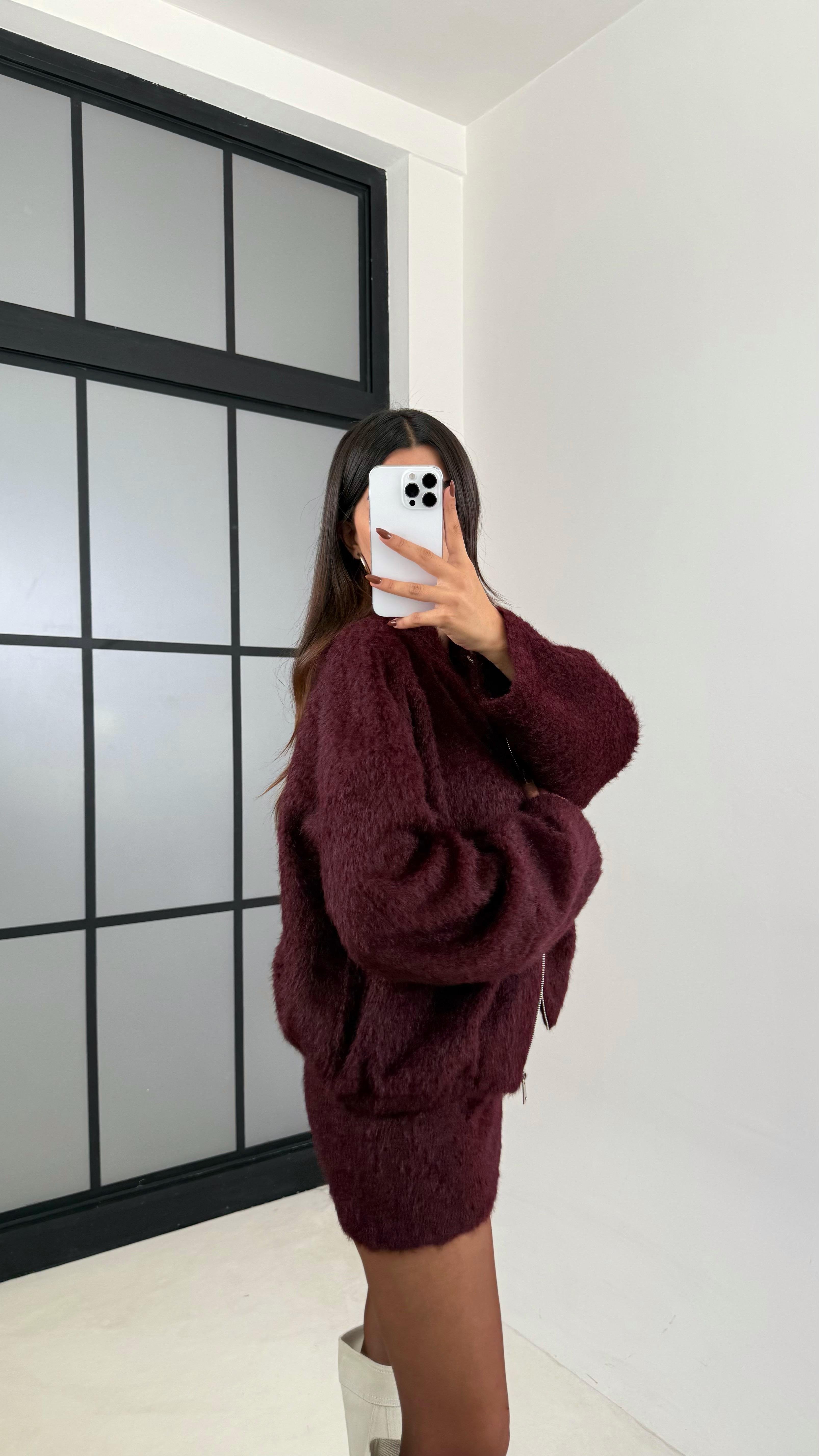 Bordo Ceket Etek Peluş Tüylü İkili Takım GAUS-00218GAUSTAKIMGAUS-00218