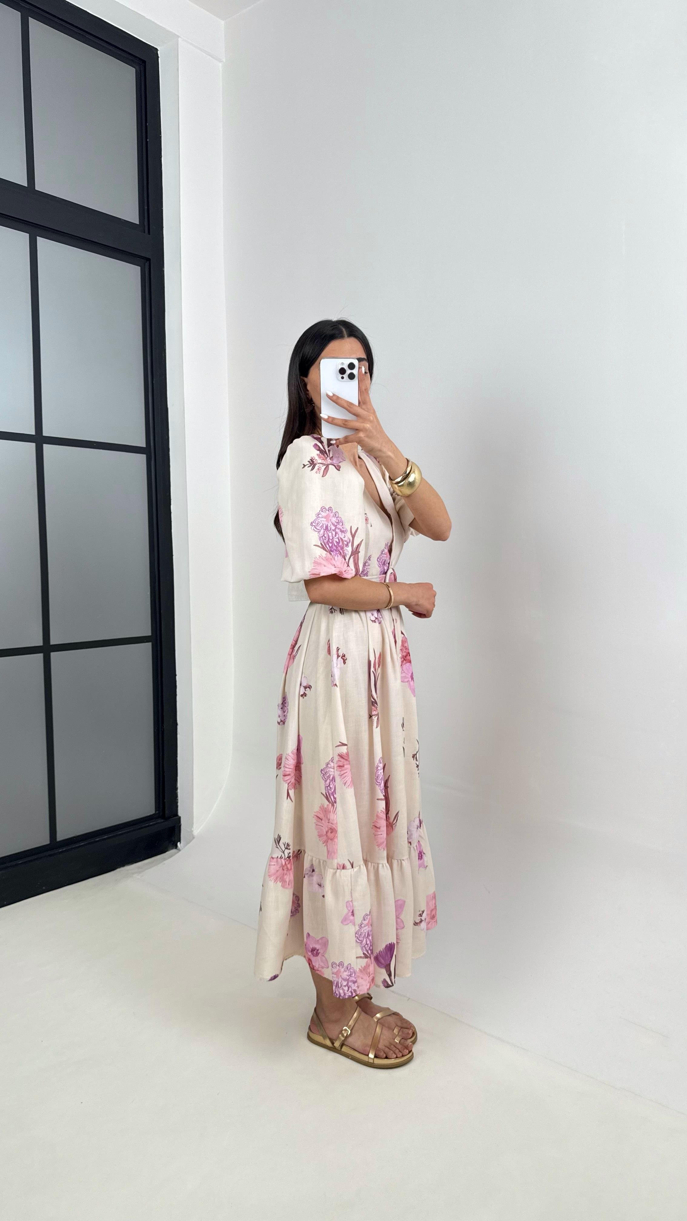 Taş V Yaka Pembe Çiçek Desenli Balon Kol Kemerli Elbise Gaus00394GausELBİSEGU1001925