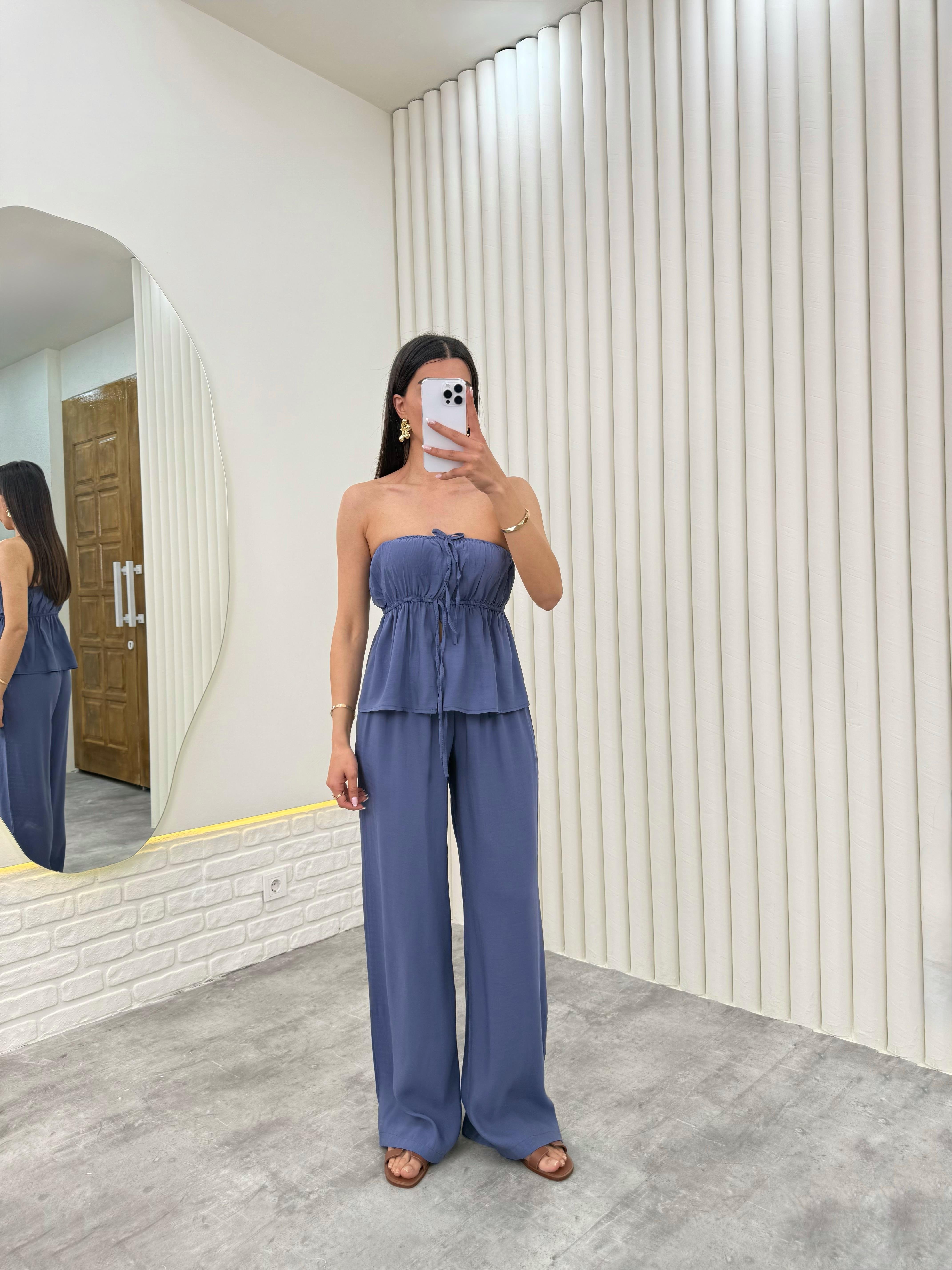 İndigo Straplez Yırtmaçlı Üst İkili Tensel Takım Gaus00275GausTAKIMGU1001640