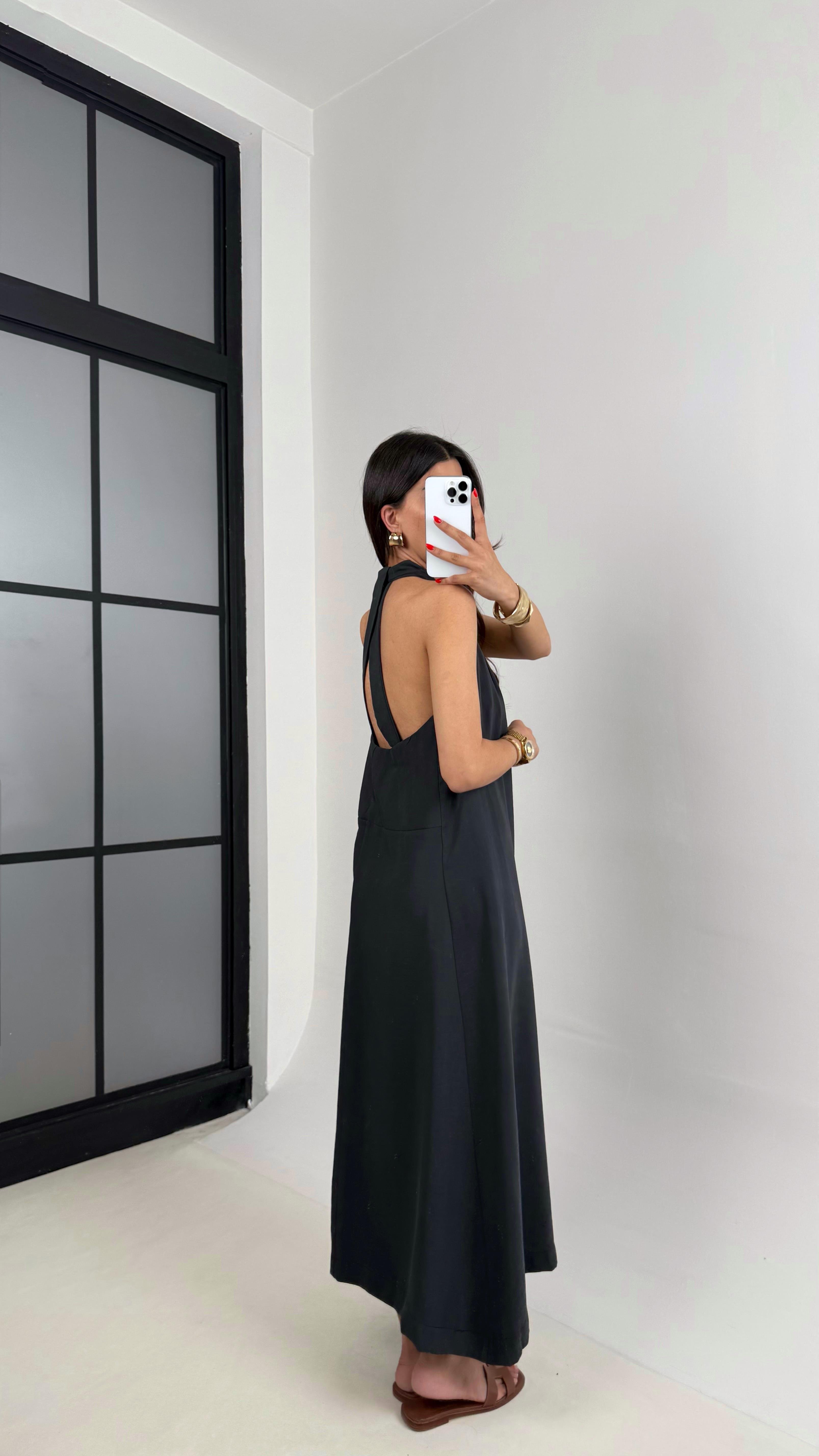 Antrasit V Yaka Sırt Detaylı Premium Tencel Elbise Gaus00481 GausELBİSEGU1002126