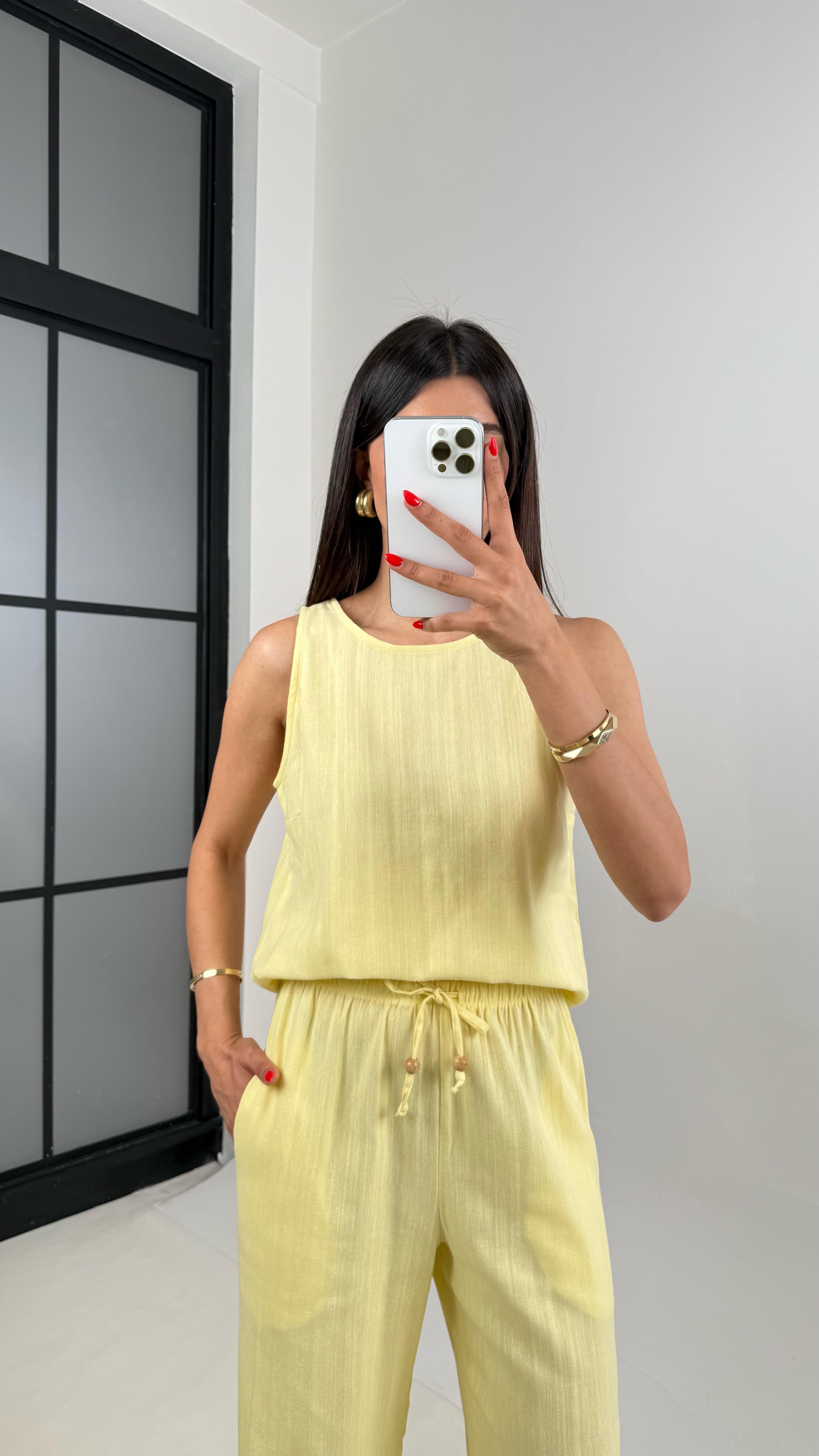 Sarı Sıfır Kol Bluz Beli Lastikli Pantolon Md Muadil Keten Takım Gaus00495 GausTAKIMGU1002159