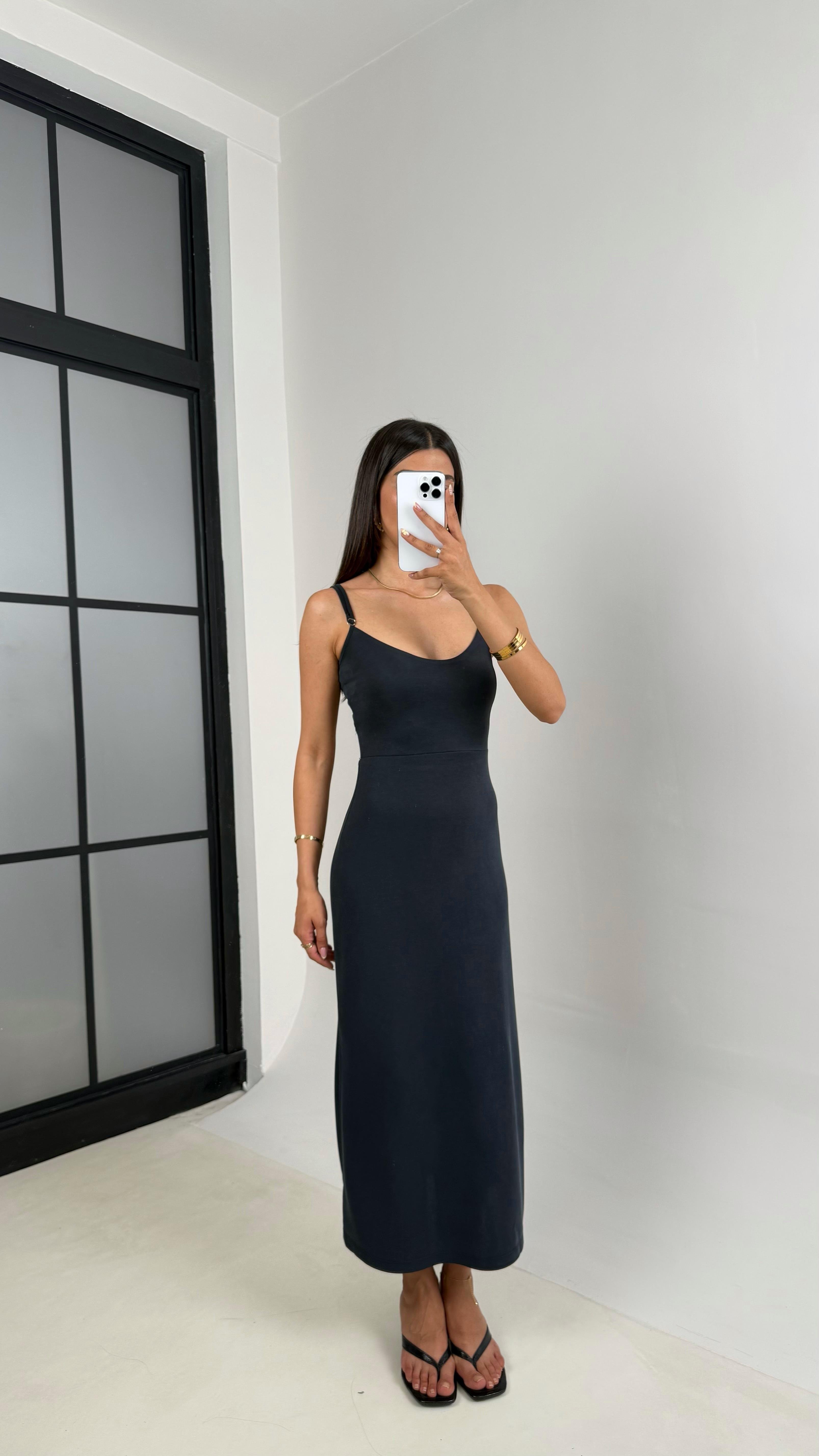 Antrasit Ayarlanabilir Askılı Sırt Dekolteli Pike Modal Kumaş Elbise Gaus00644GausELBİSEGU1002496