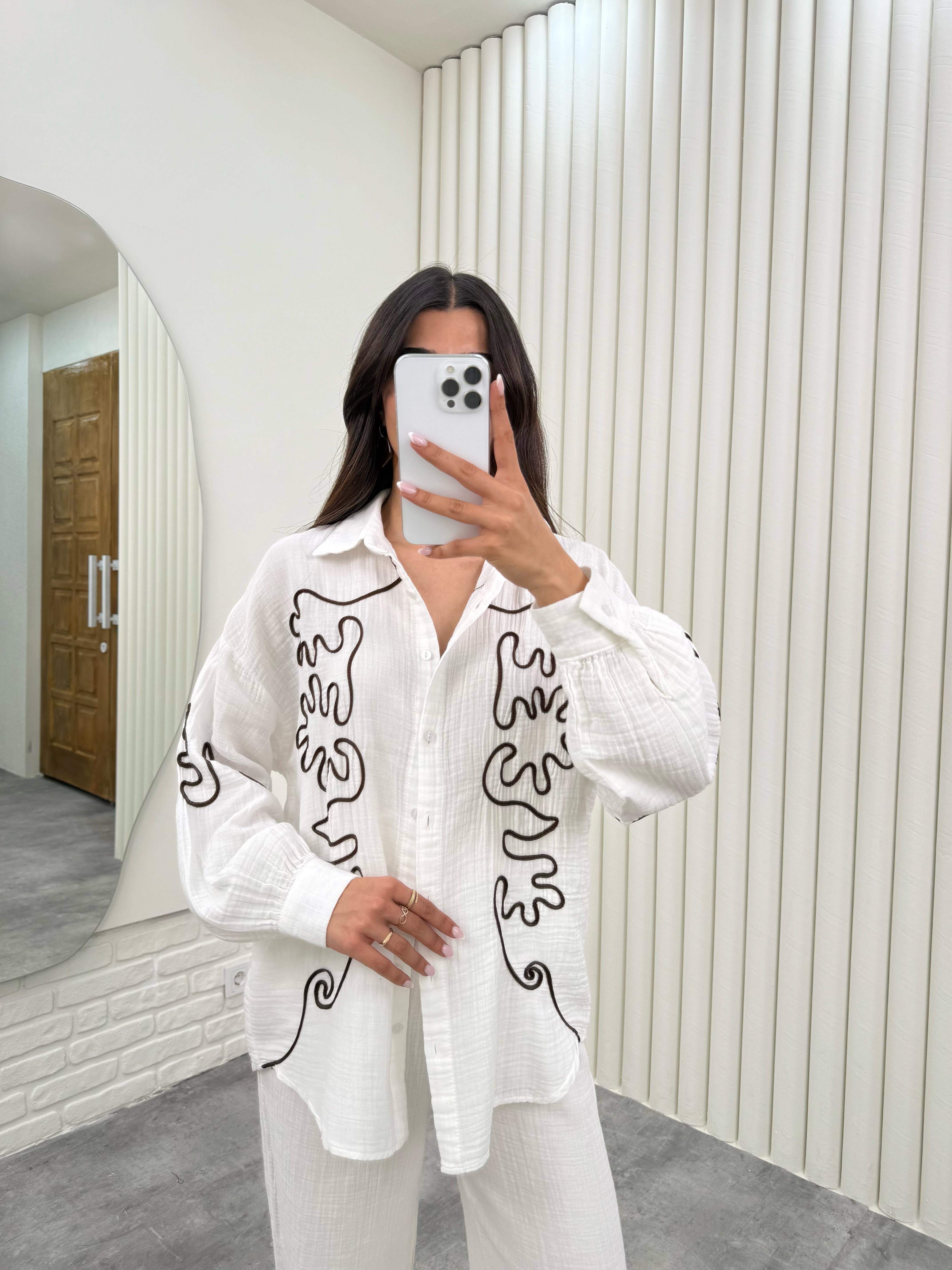 Beyaz Kahve İşlemeli Gömlek Beli Lastikli Pantolon Müslin İkili Takım Gaus00293GausTAKIMGU1001678