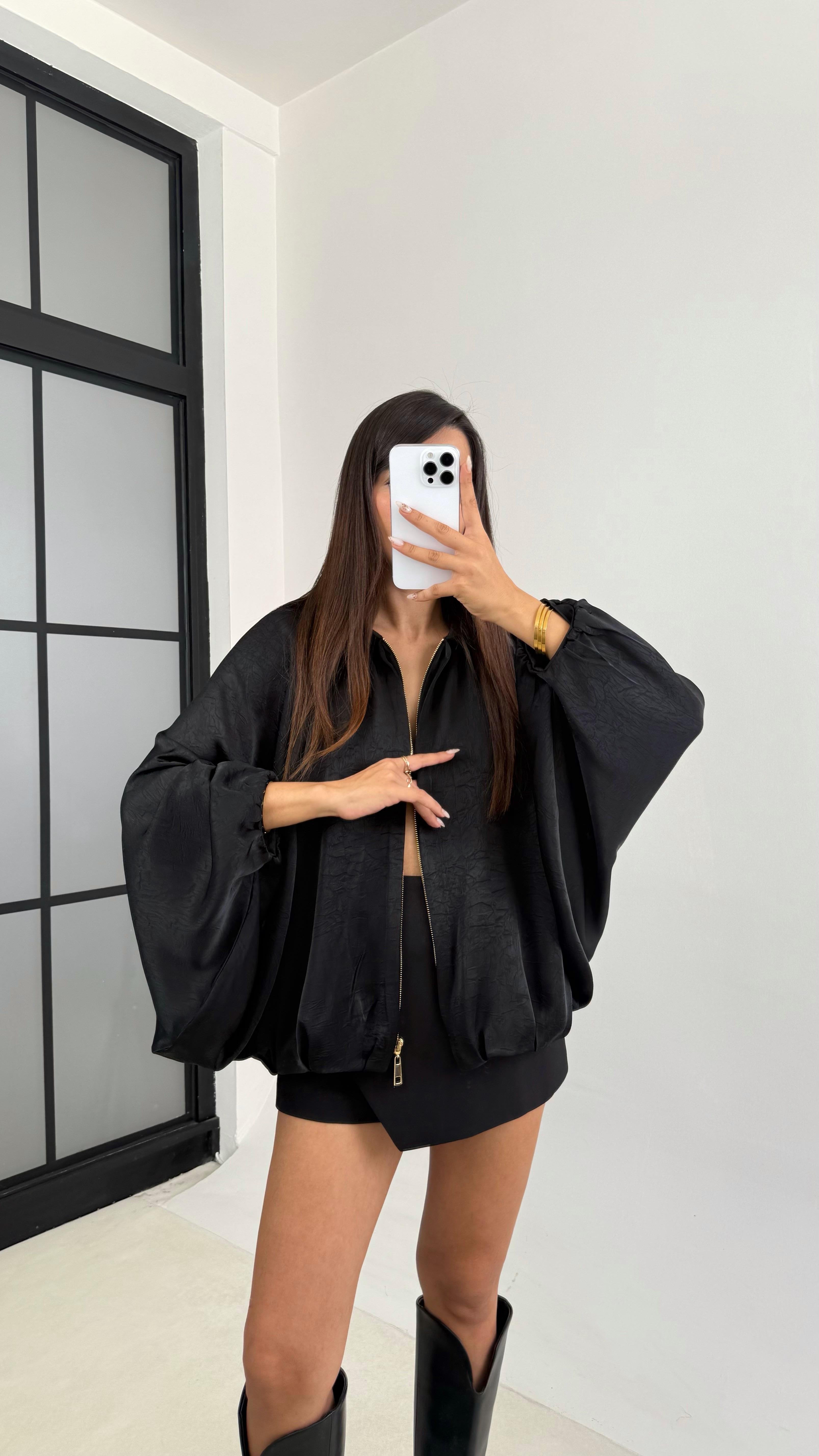 Siyah Saten Bomber Ceket GAUS-00118GAUS السترات  GAUS-00118