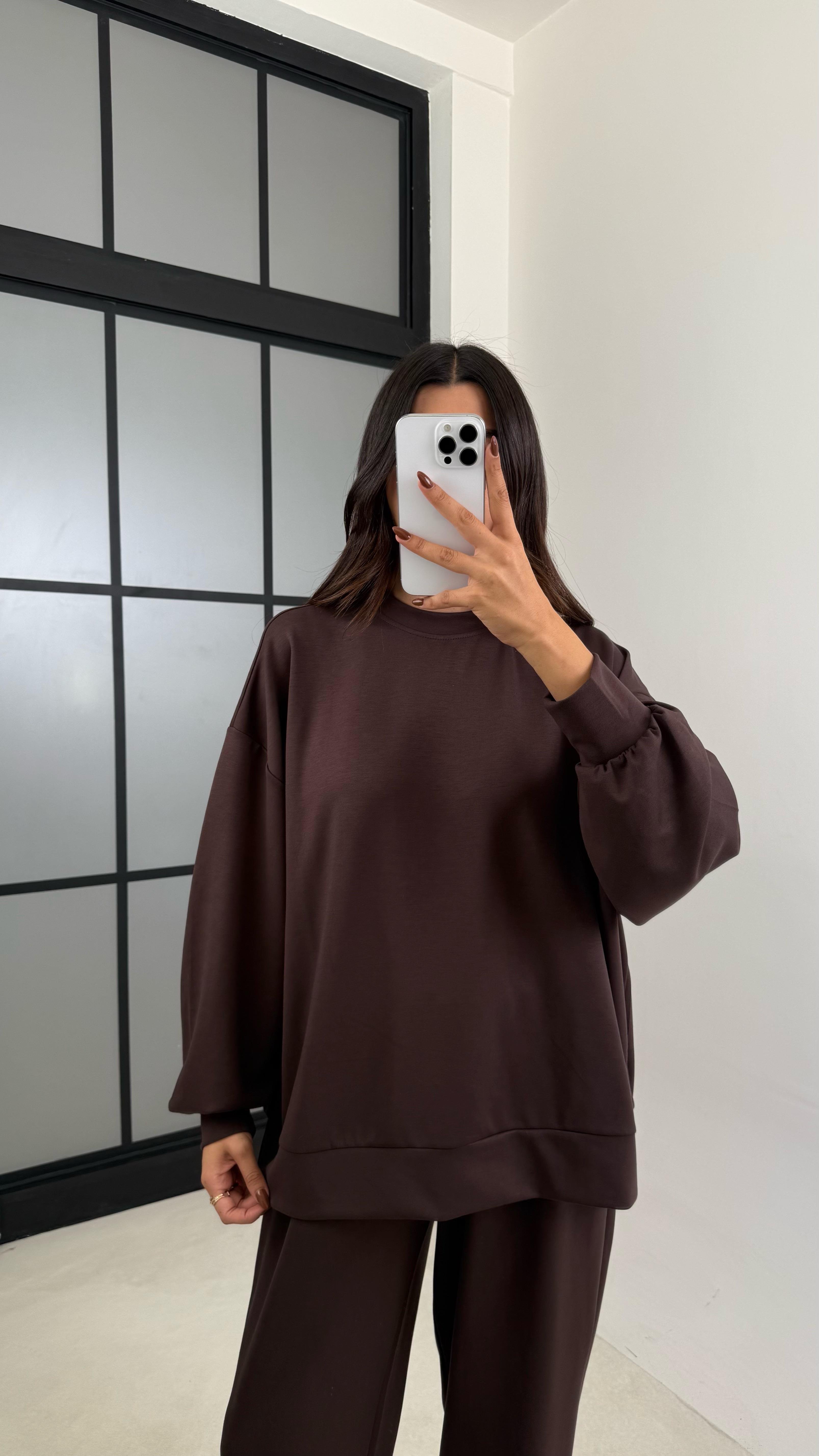 Acı Kahve Uzun Kol Kazak Beli Lastikli Pantolon İkili Modal Kumaş Takım GAUS-00135GAUSTAKIMGAUS-00135