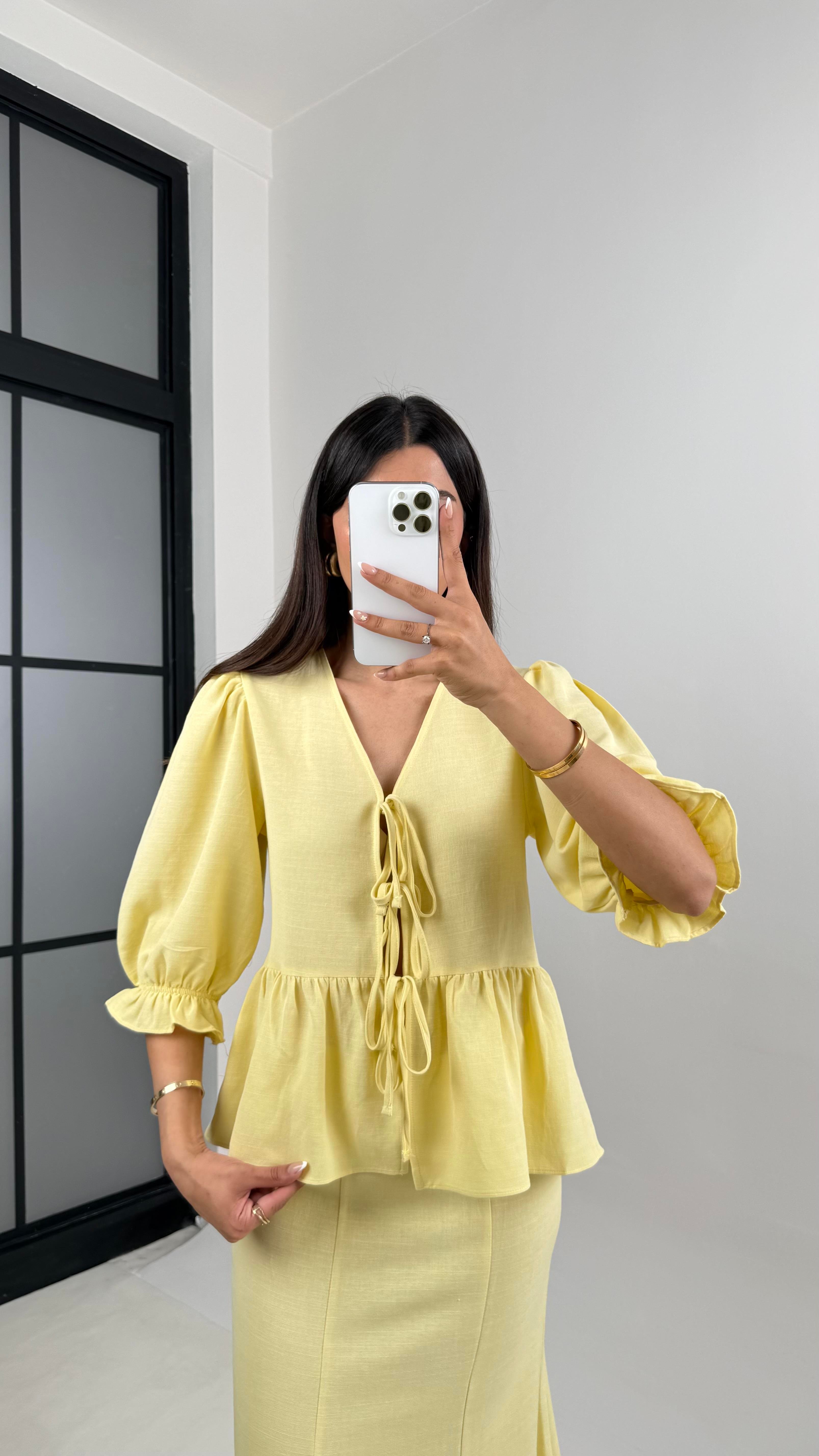 Sarı Önden Bağlama Detaylı Balon Kol Bluz Etek İkili Pinterest Keten Takım Gaus00570 GausTAKIMGU1002330