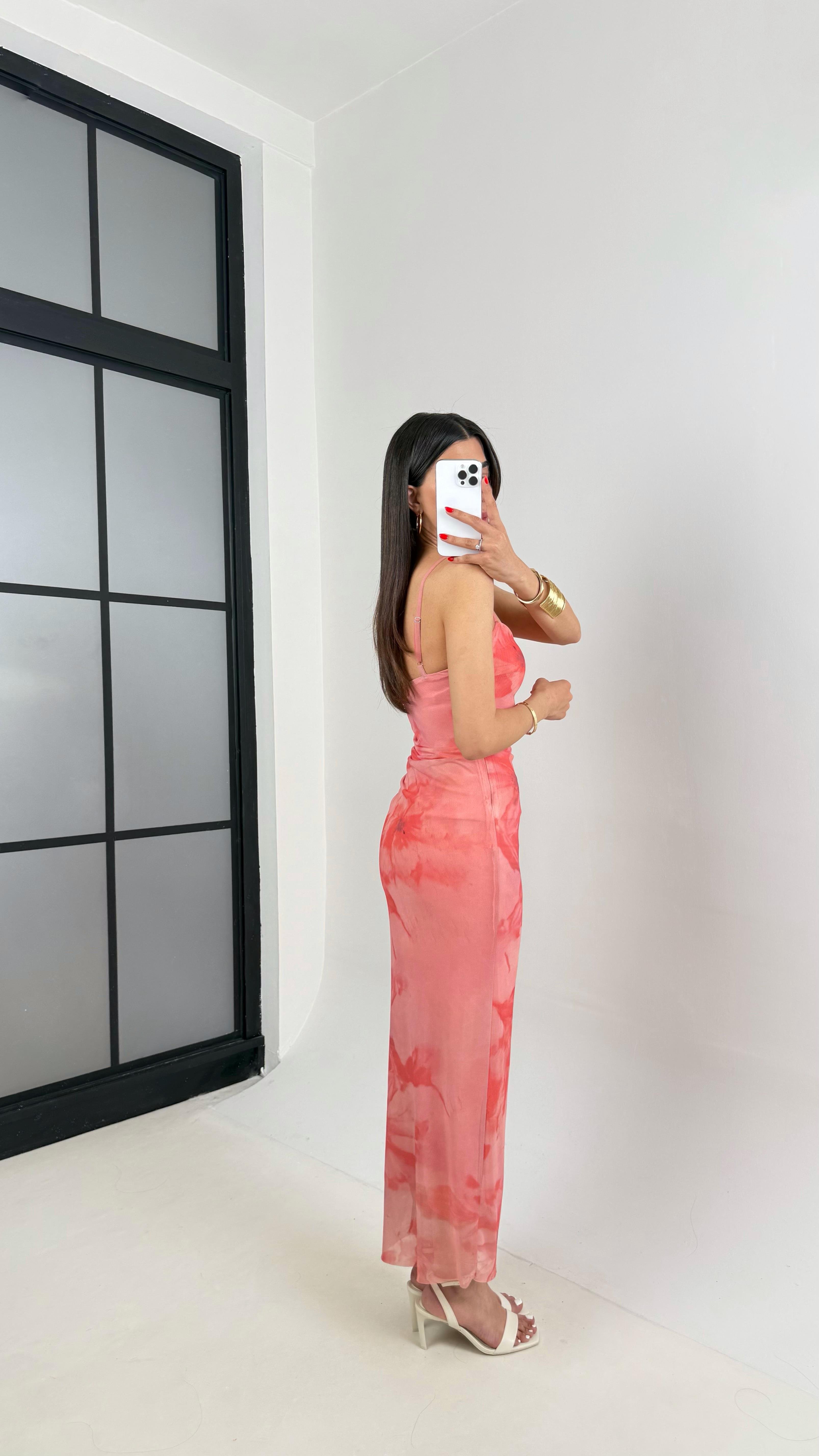 Pembe Çiçek Baskılı Astarlı Ayarlanabilir Askılı Tül Elbise Gaus00291GausELBİSEGU1002068