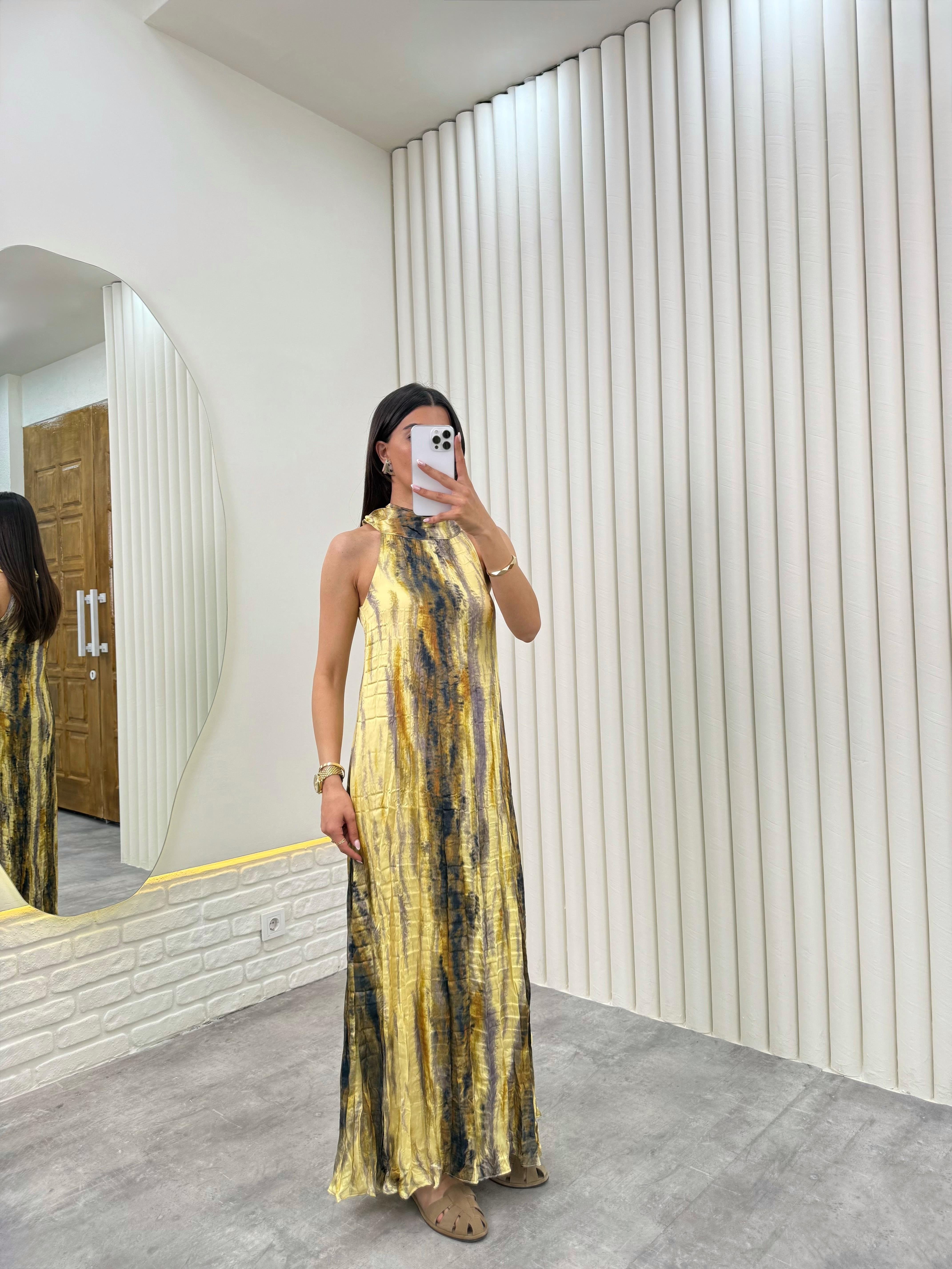 Sarı Renkli Astarlı Kırışık Elbise Gaus00313GausELBİSEGU1001719