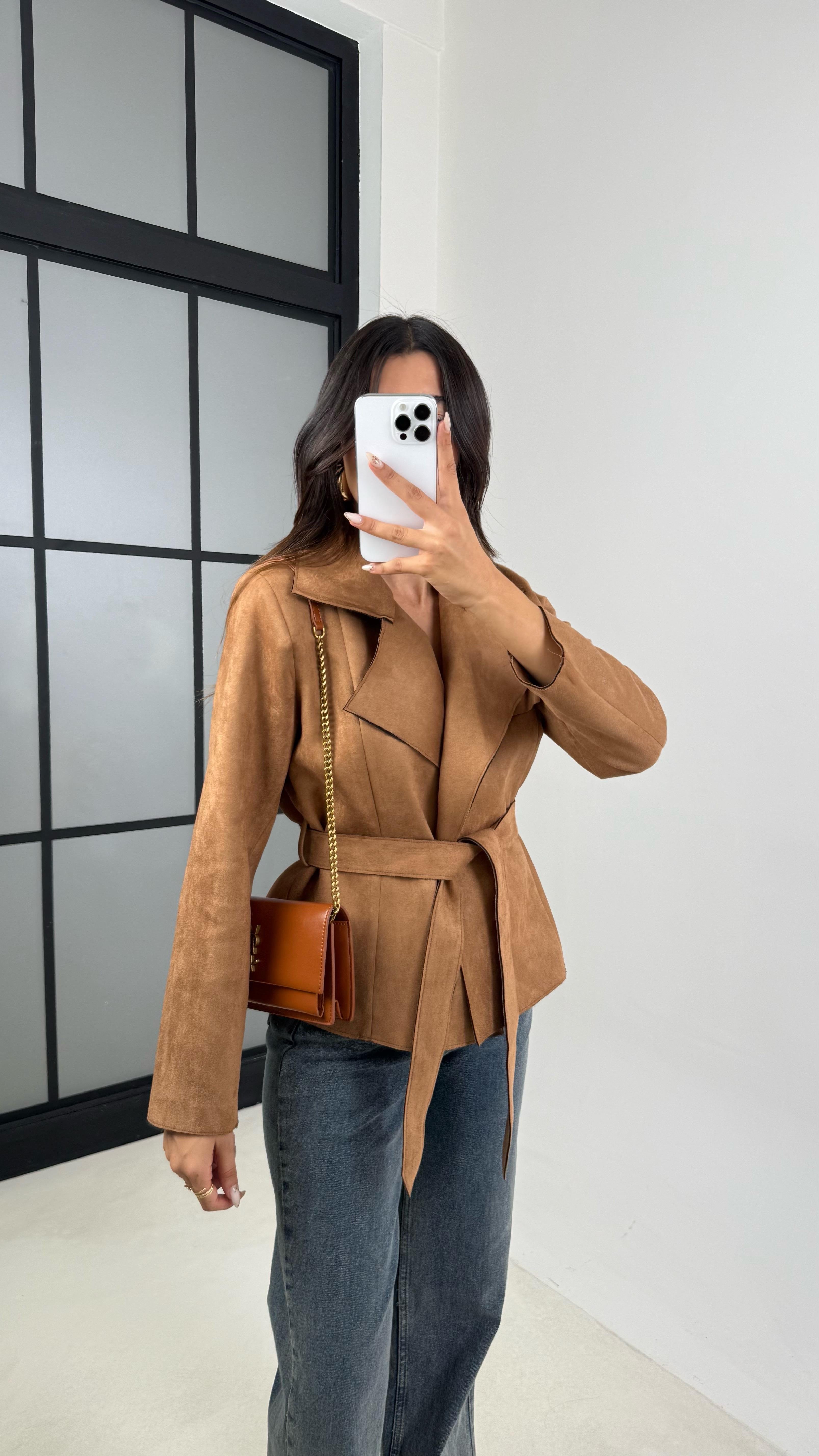 Camel Vatkalı Kuşaklı Süet Ceket GAUS-00130GAUS السترات  GAUS-00130