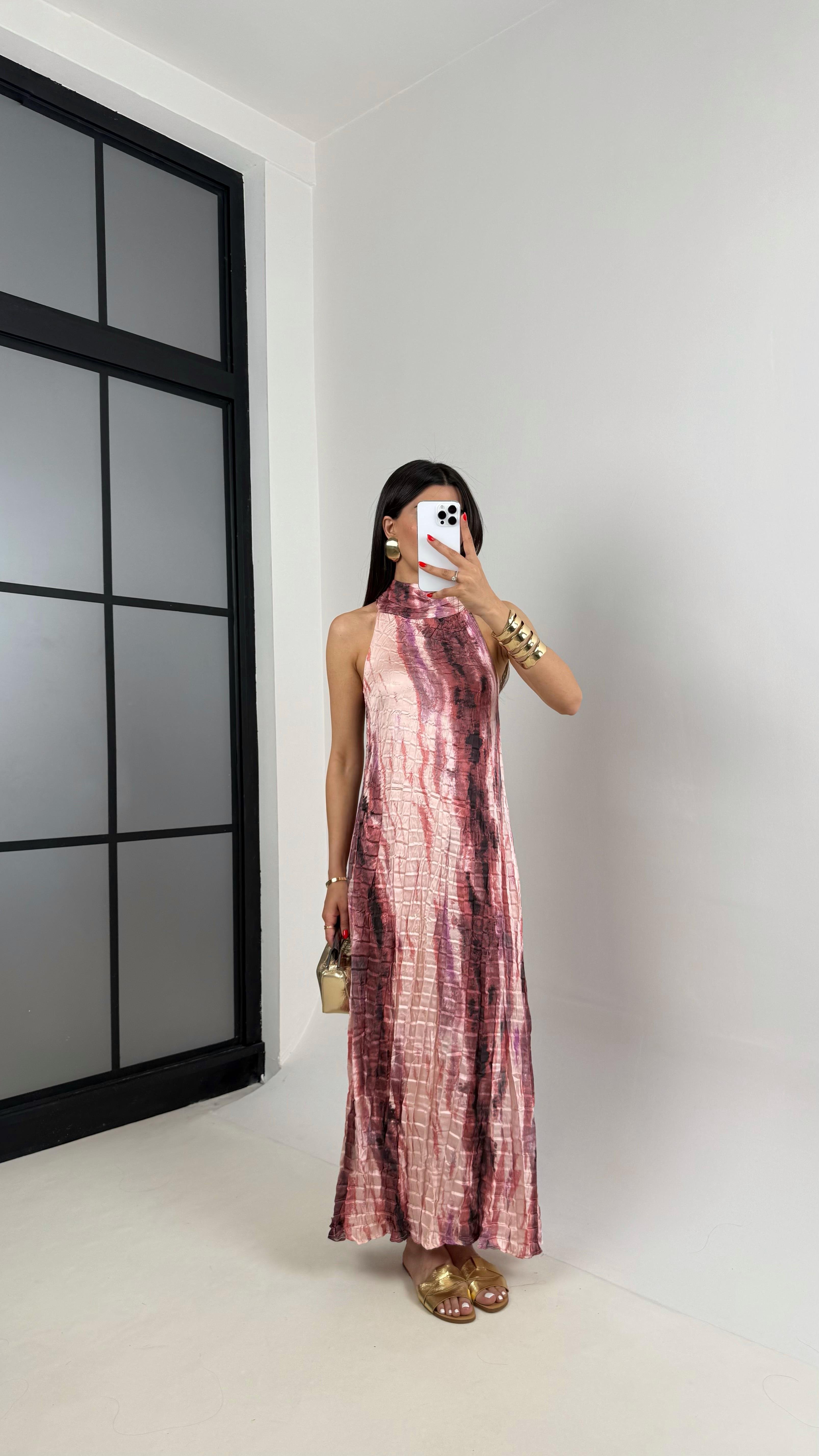 Pembe Renkli Astarlı Kırışık Elbise Gaus00313GausELBİSEGU1002078