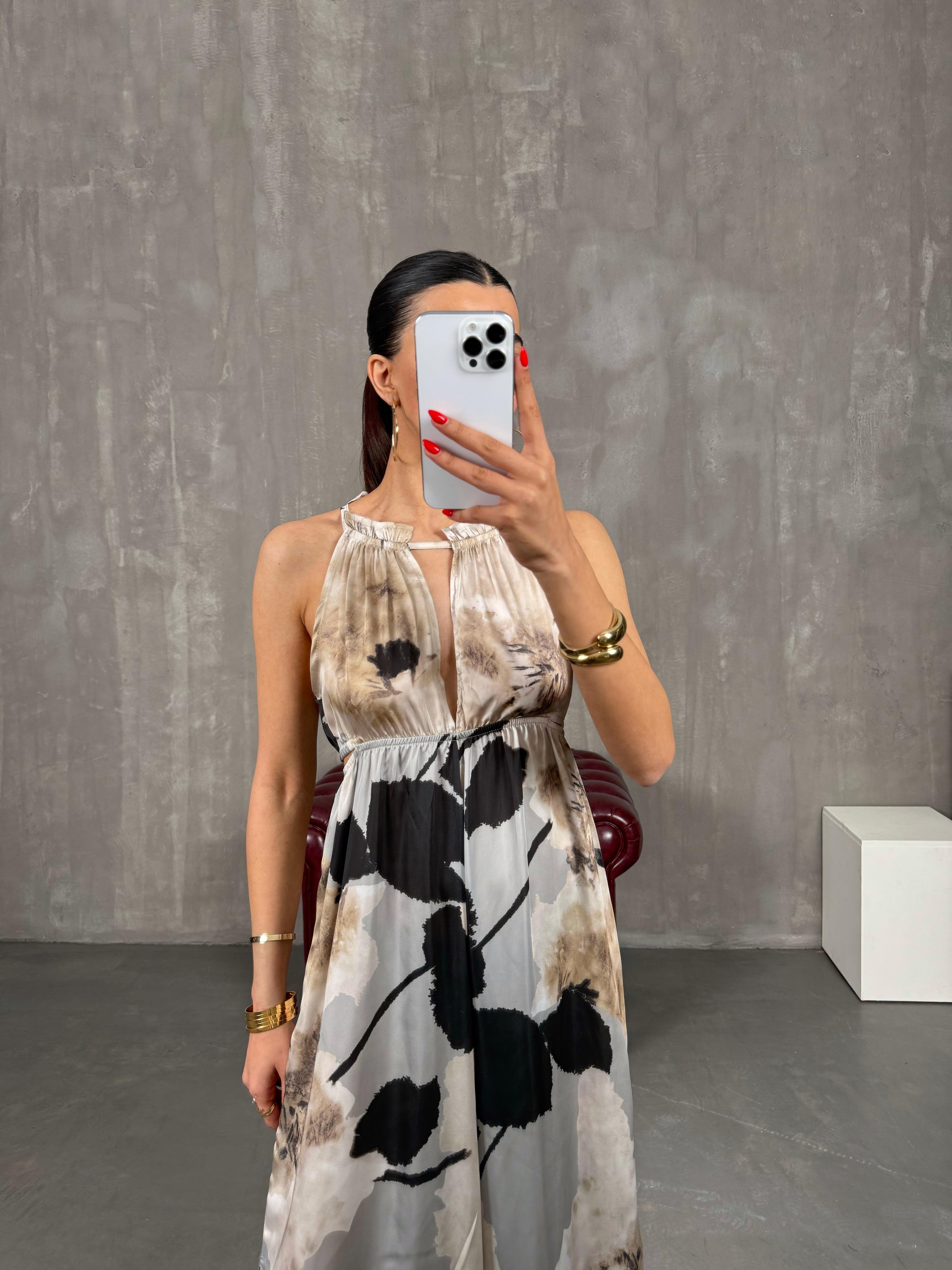 Siyah Desenli Sırt Dekolteli Beli Lastikli Saten Tulum Gaus00209GausTULUMGU1001492