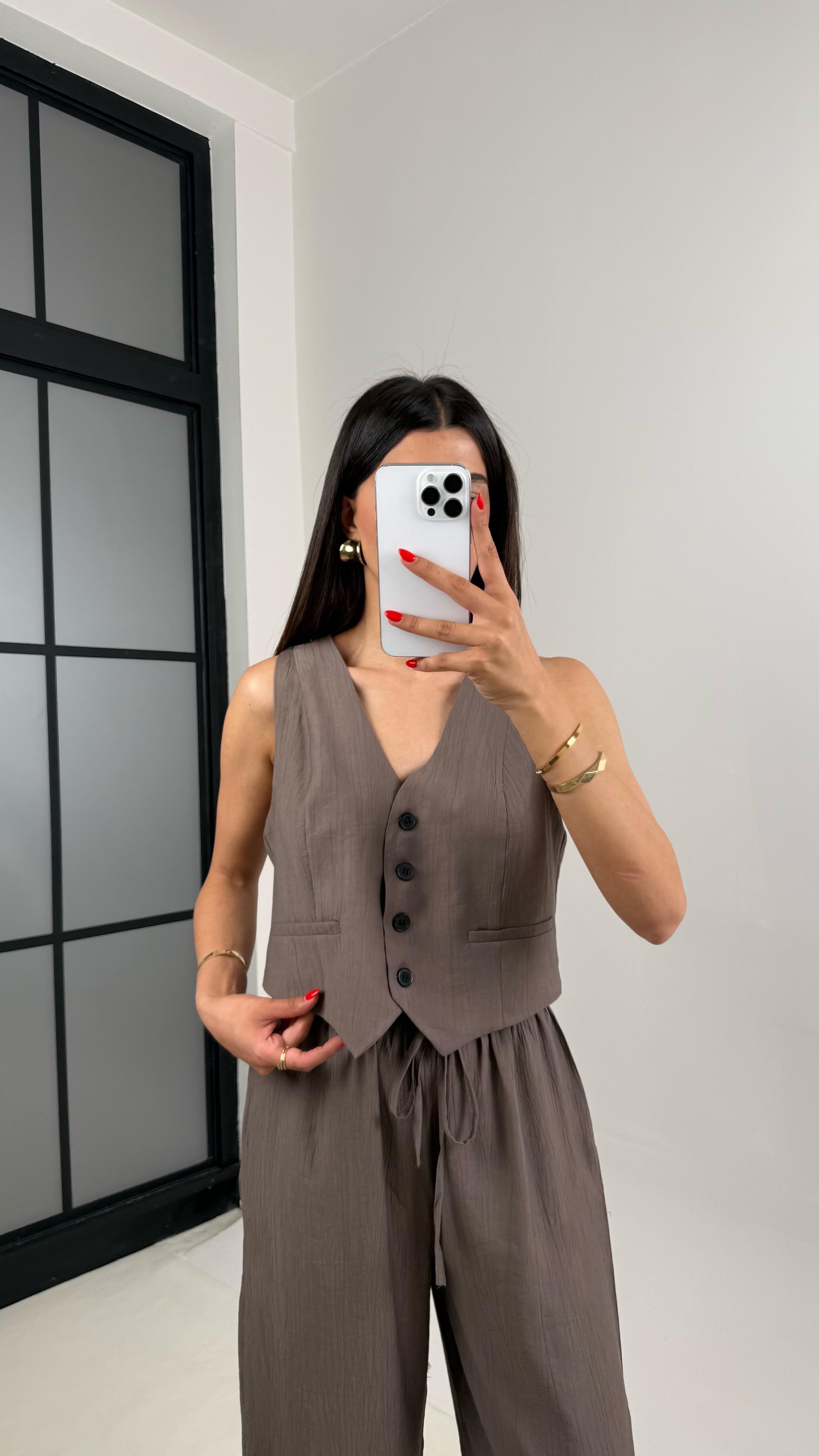 Kahve Astarlı Yelek Balon Pantolon Çilek Kumaş Takım Gaus00501GausTAKIMGU1002174