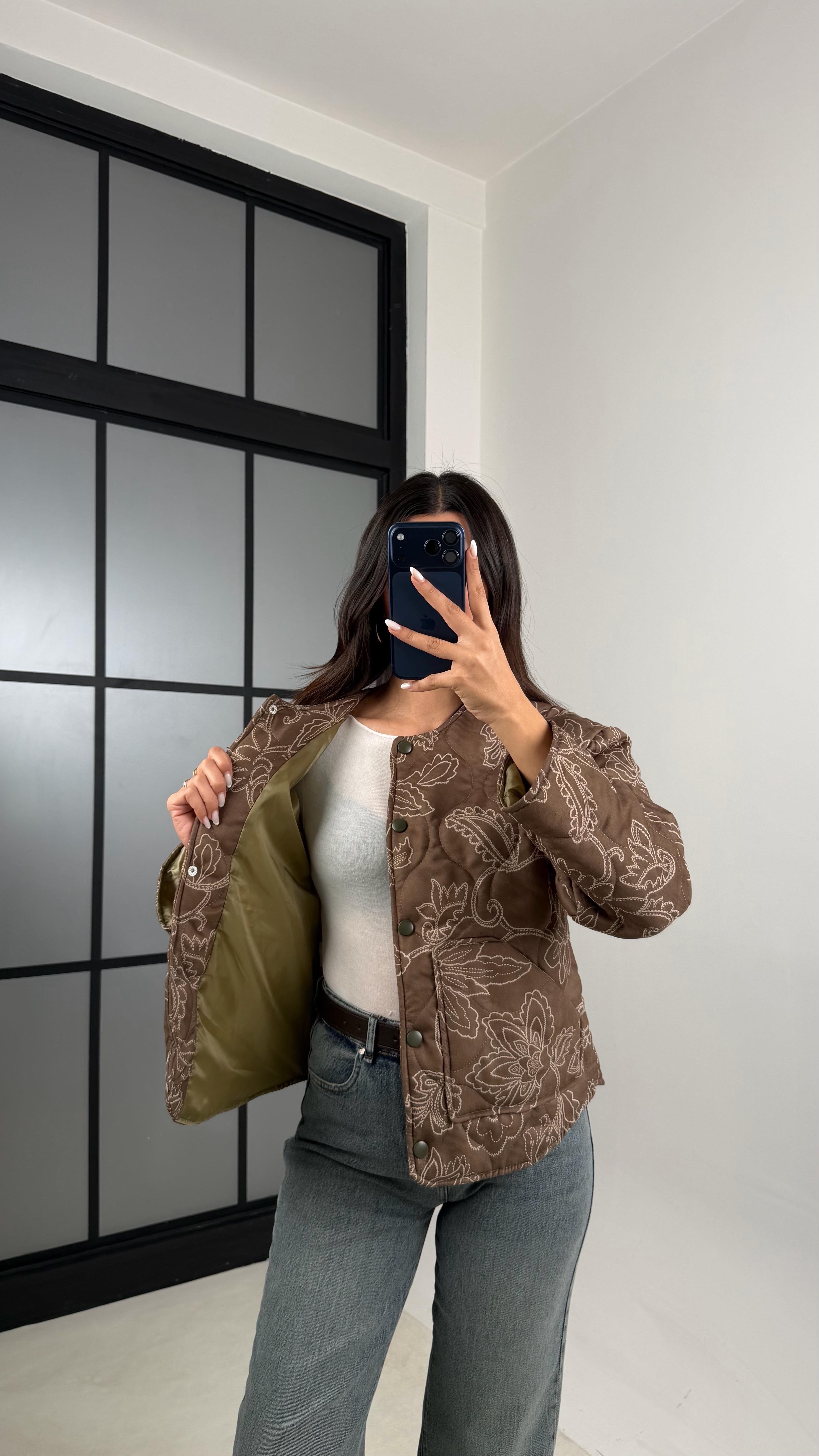 Haki Etnik Desenli Astarlı Kapitone Mont GAUS-00596GAUS الجواكيت GAUS-00596