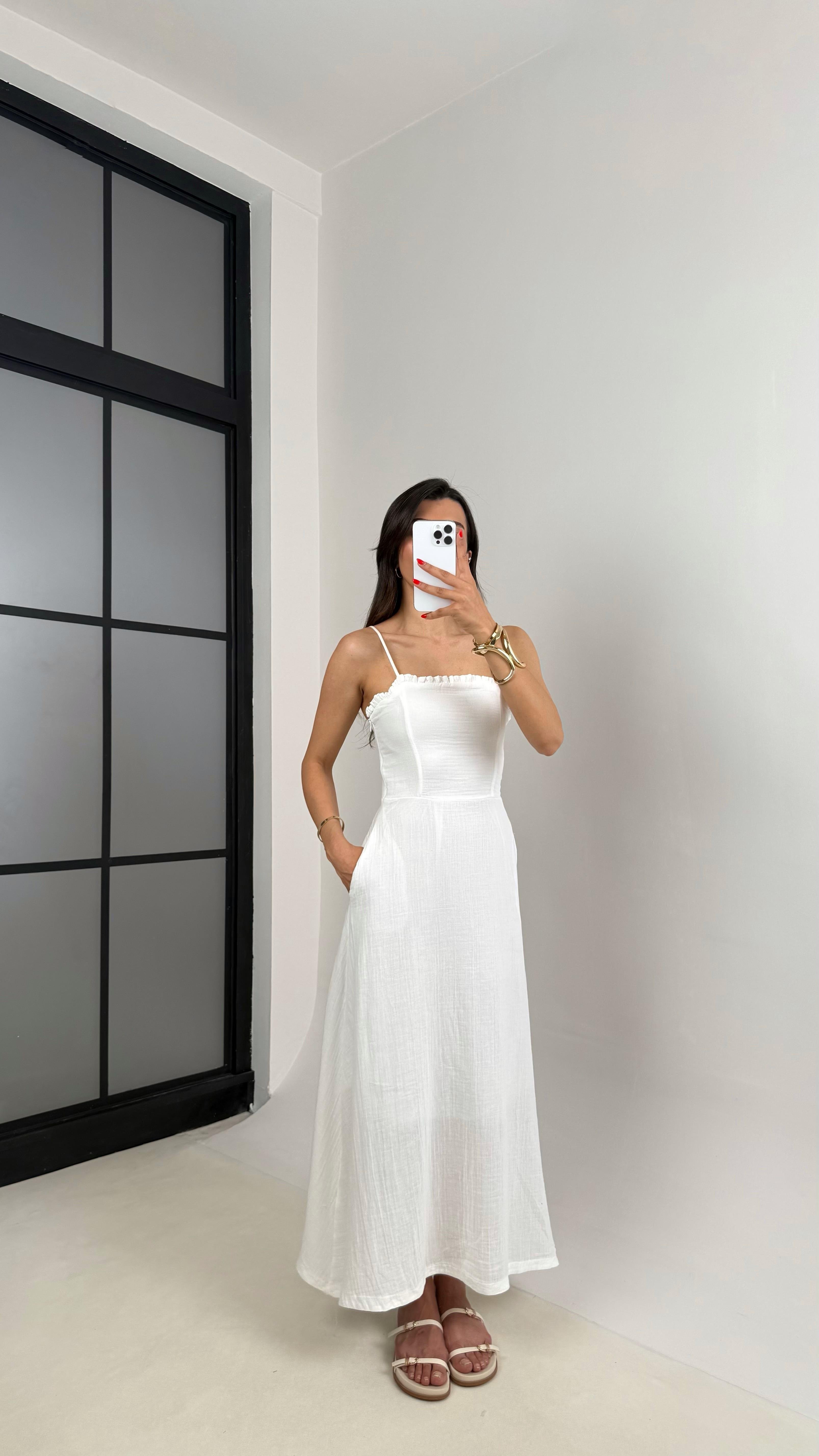 Beyaz Ayarlanabilir Askılı Cepli Astarlı Müslin Elbise Gaus00519GausELBİSEGU1002215