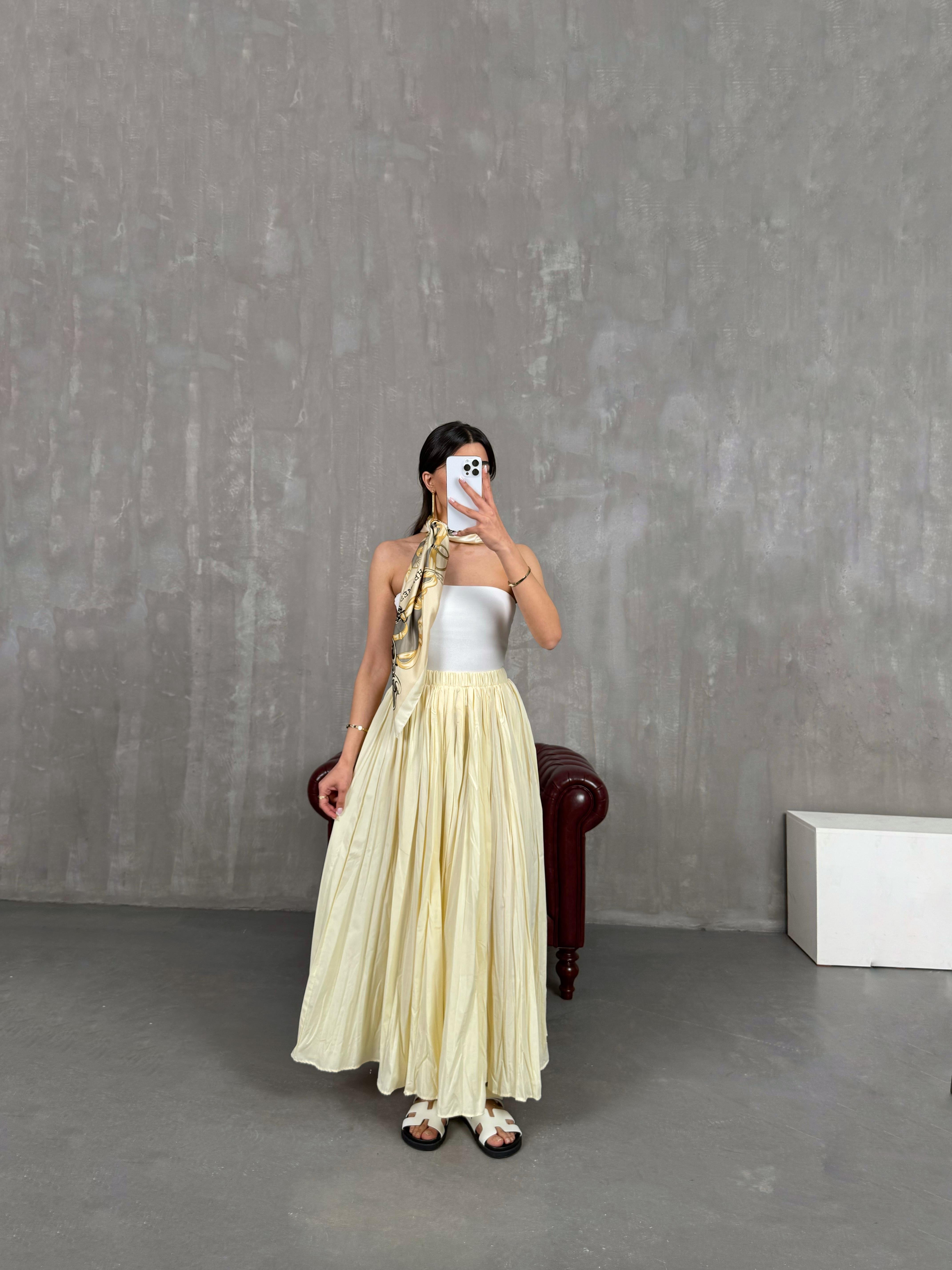 Essa Sarı Kırışık Kumaş Kraş Maxi Boy Etek Gaus00256GausETEKGU1001596