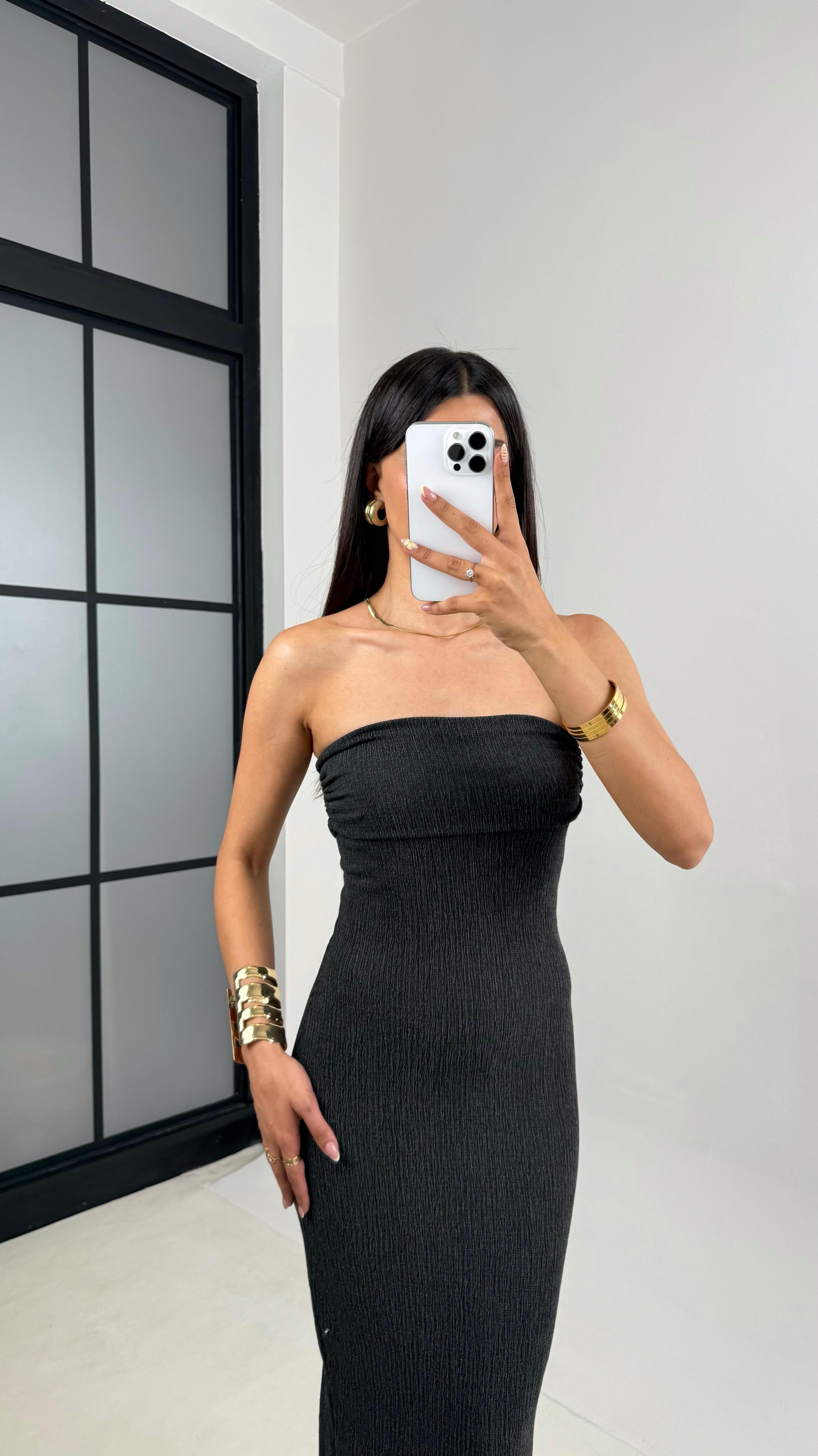 Antrasit Straplez Yırtmaçlı Bürümcük Elbise Gaus00645GausELBİSEGU1002497