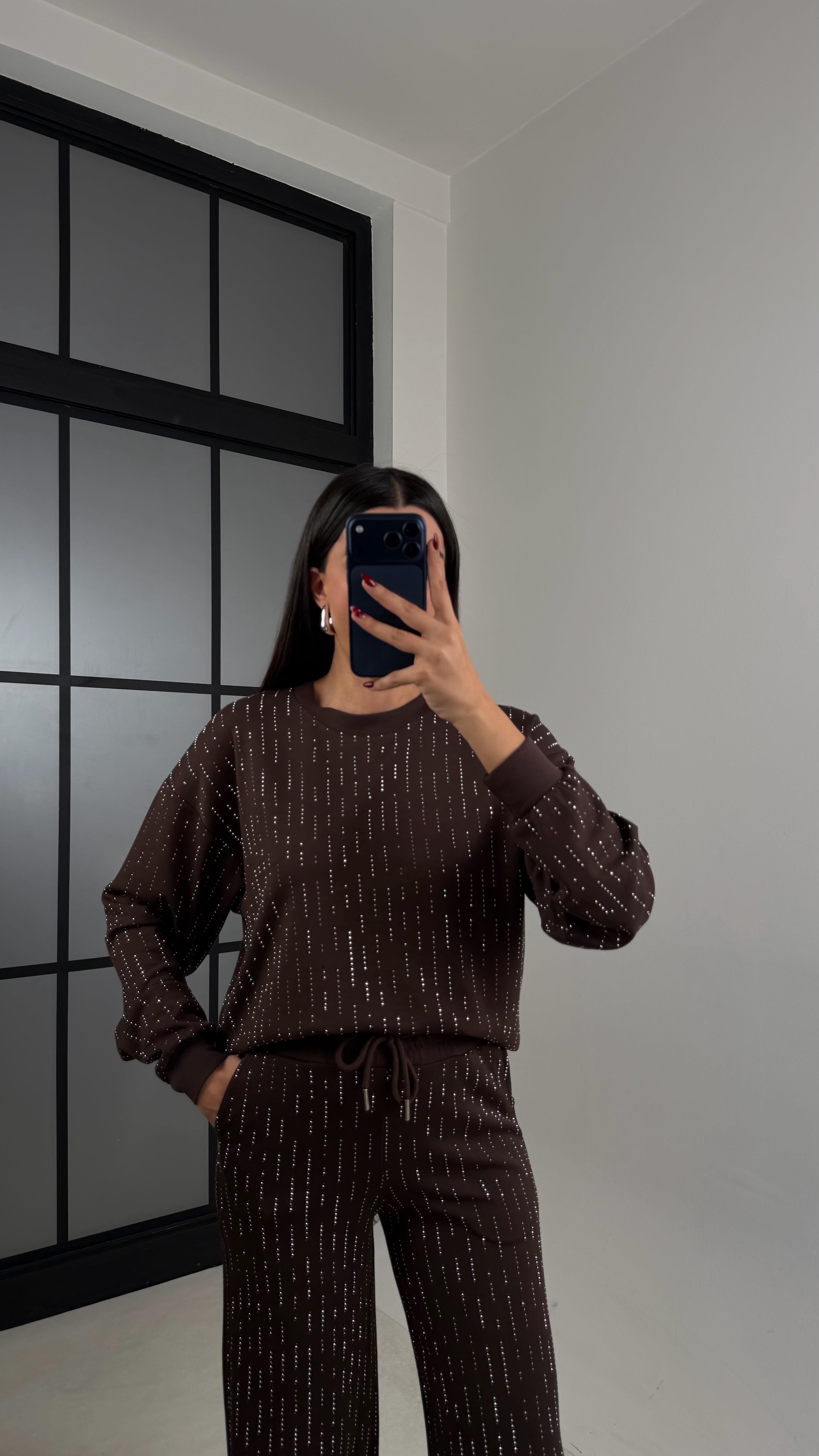 Kahve Kazak Beli Lastikli Pantolon Taş Detaylı Tasarım İkili Modal Takım GAUS-00674GAUSTAKIMGAUS-00674