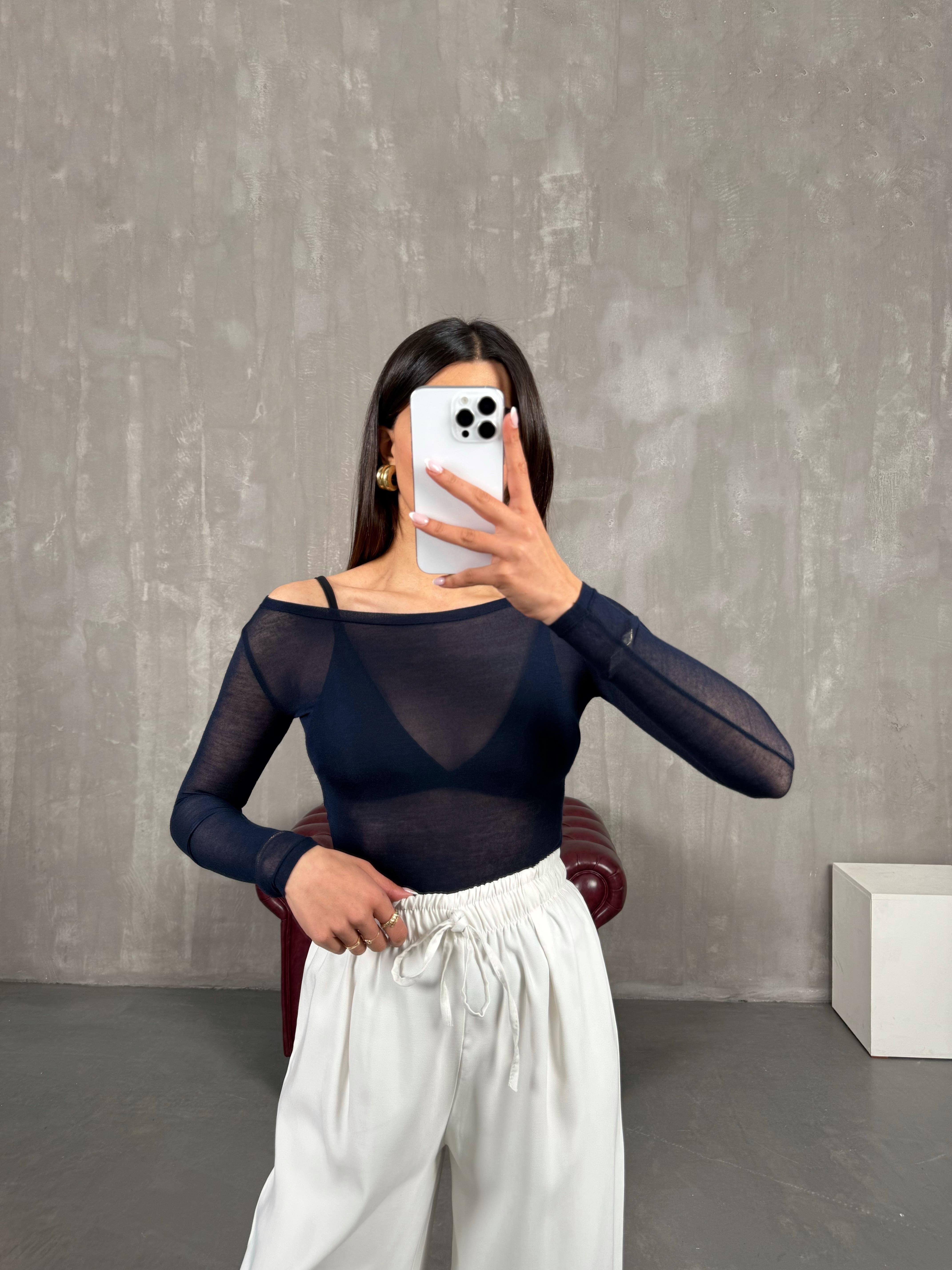 Lacivert Transparan Kaşmir Dokulu Bluz Gaus00272GausBLUZGU1001630