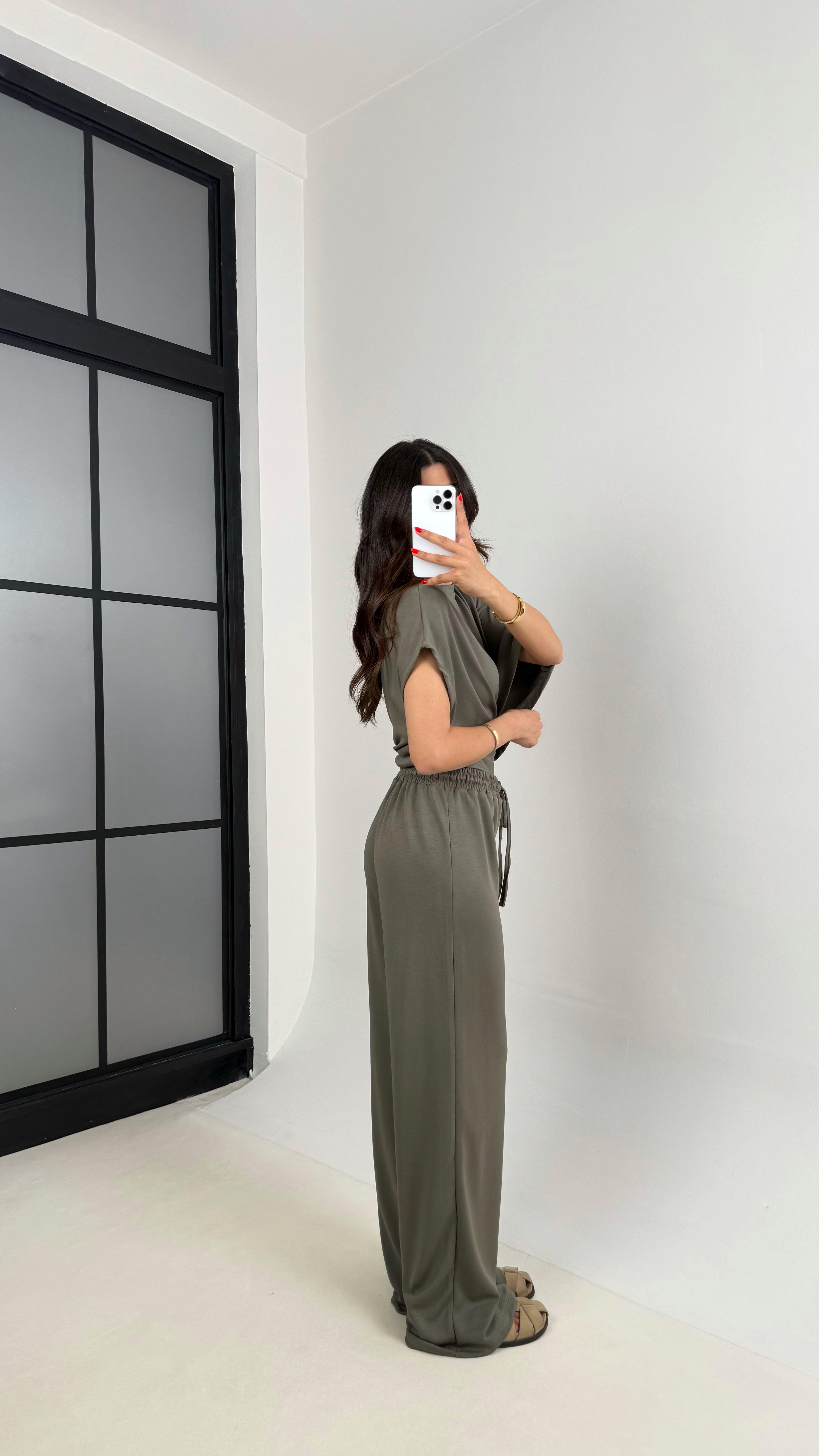 Haki Yarasa Kol Bluz Beli Lastikli Pantolon Tasarım Modal Kumaş Takım Gaus00490GausTAKIMGU1002149