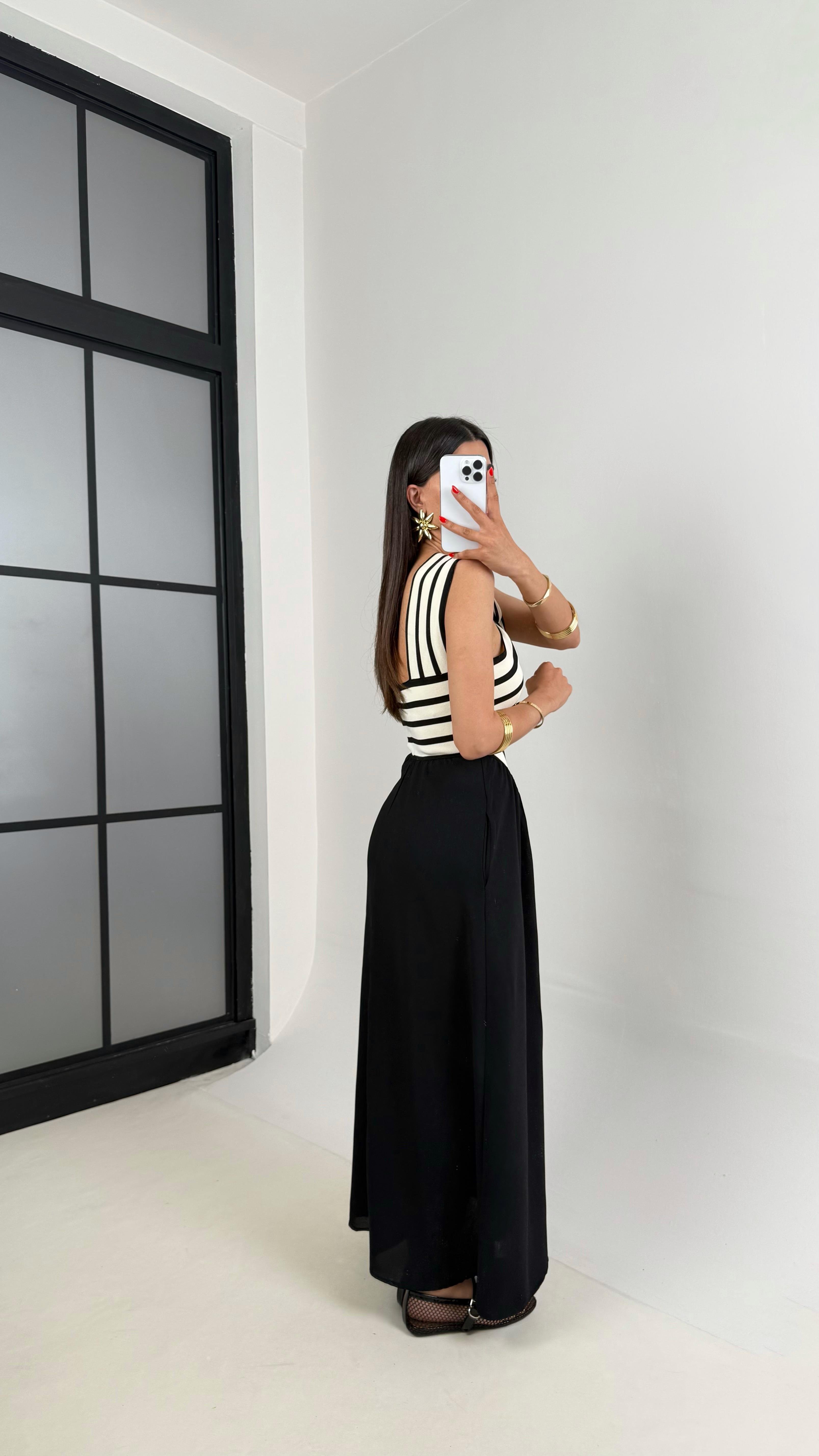 Siyah Beyaz Çizgili Tasarım Muadil Cepli Elbise Gaus00468GausELBİSEGU1002098