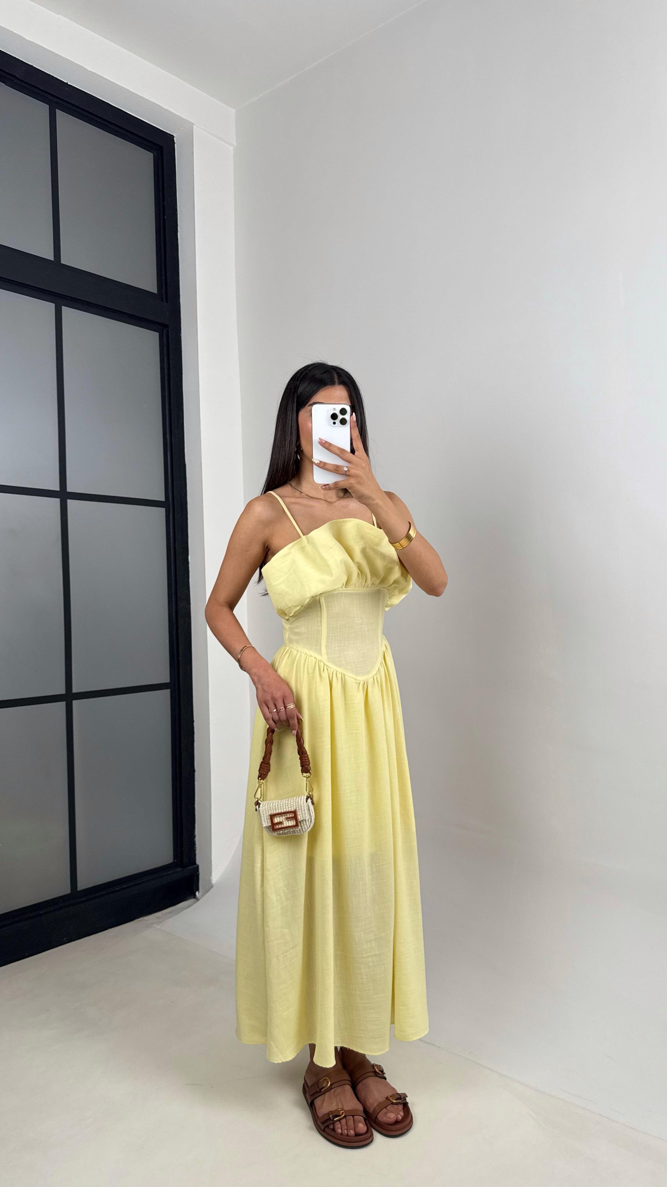 Sarı Ayarlanabilir Askılı Korse Detaylı Astarlı Keten Elbise Gaus00640GausELBİSEGU1002489