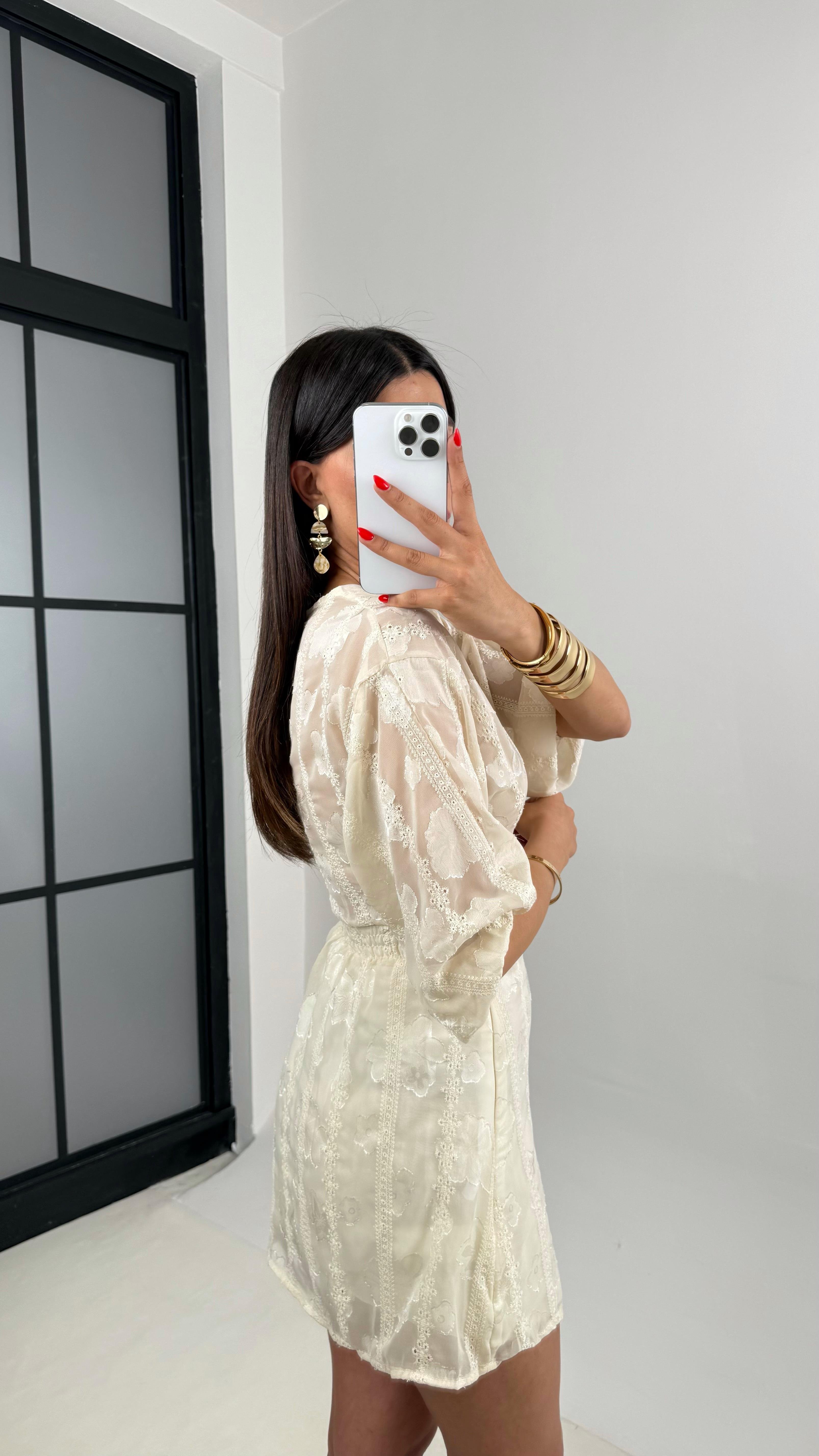 Ekru Dantel İşlemeli Astarlı Dekolteli Şifon Elbise Gaus00508GausELBİSEGU1002192