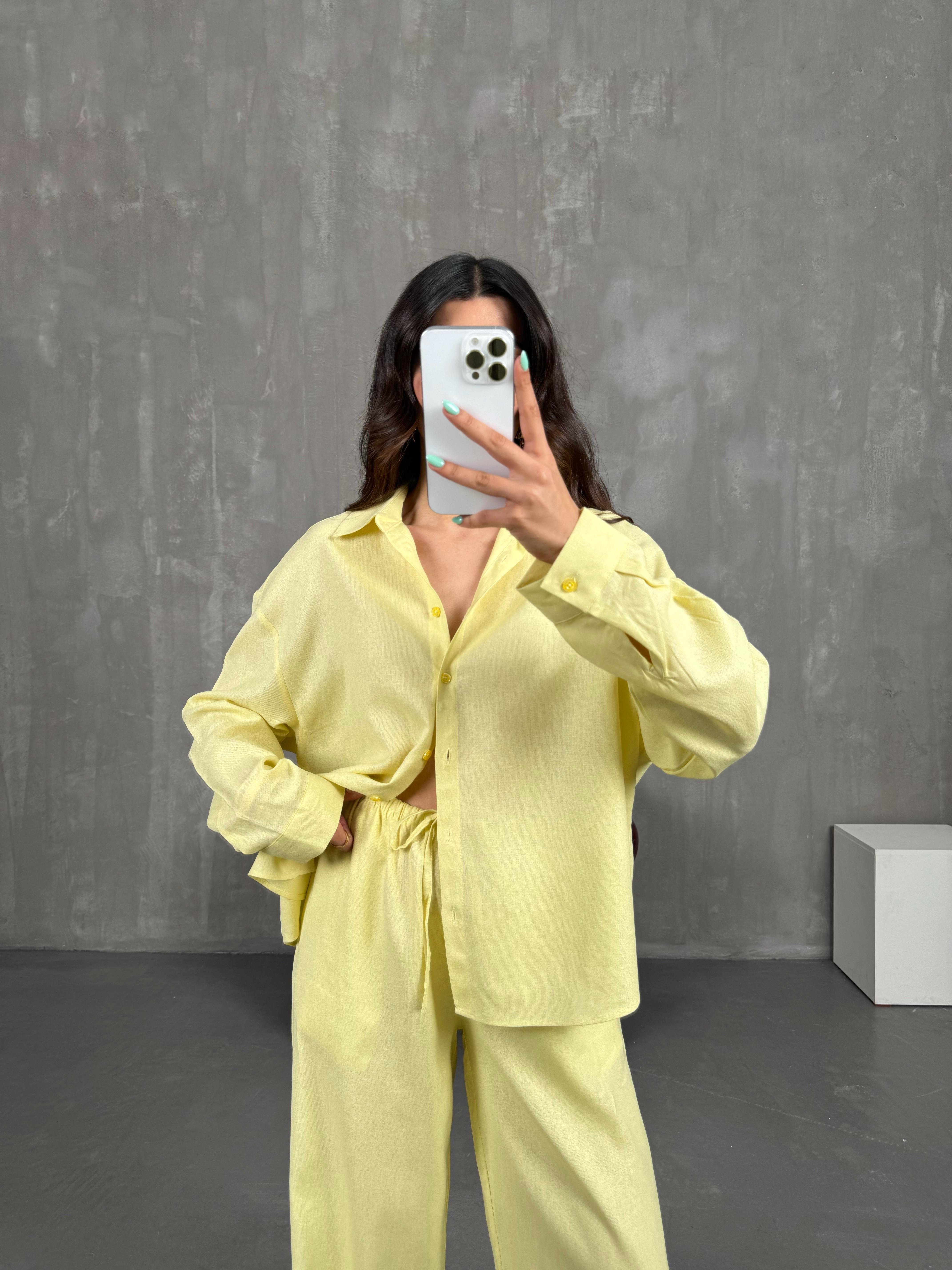 Sarı Beli Lastikli Keten Takım Gaus00224GausTAKIMGU1001515