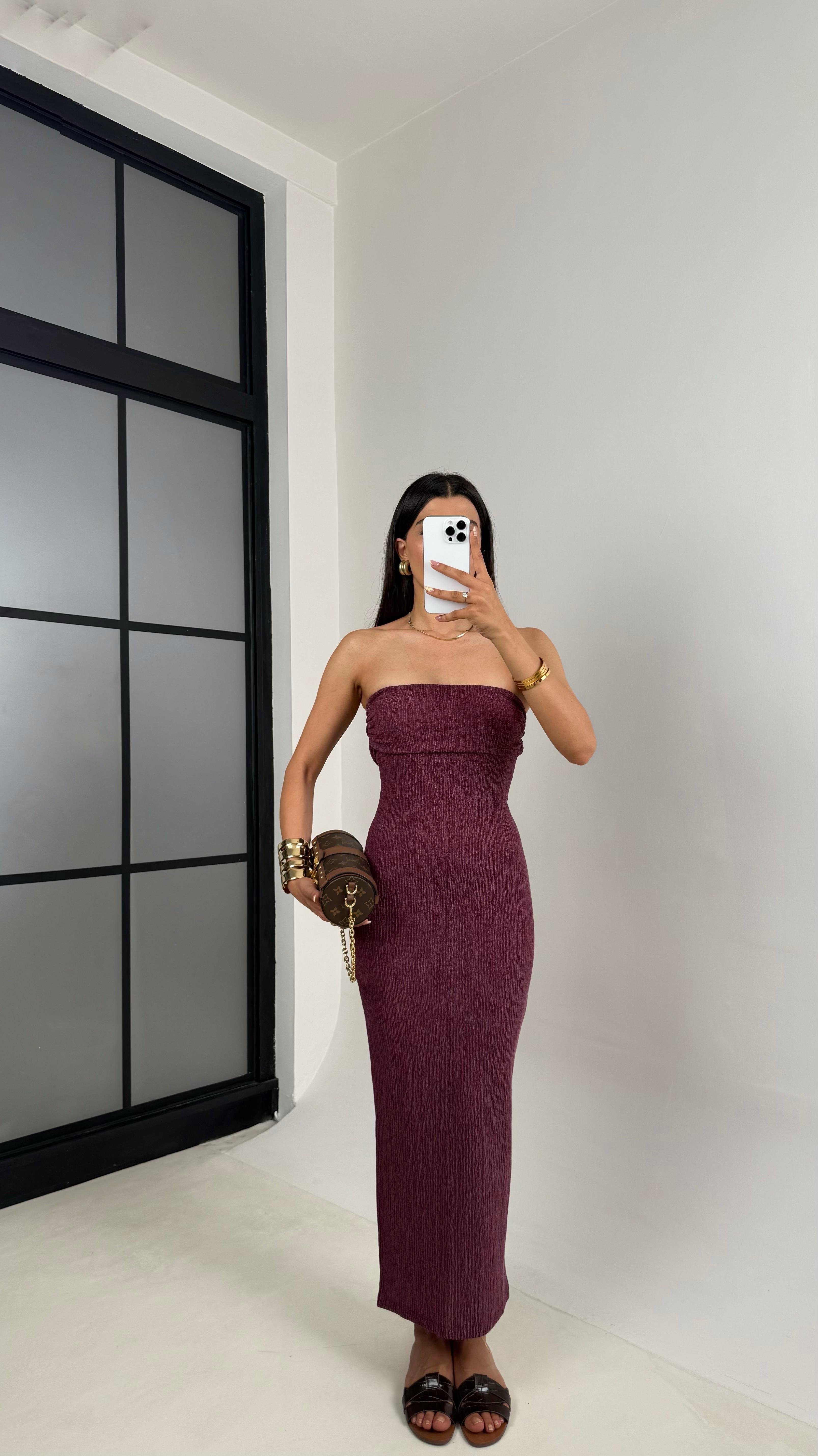 Mürdüm Straplez Yırtmaçlı Bürümcük Elbise Gaus00645GausELBİSEGU1002499