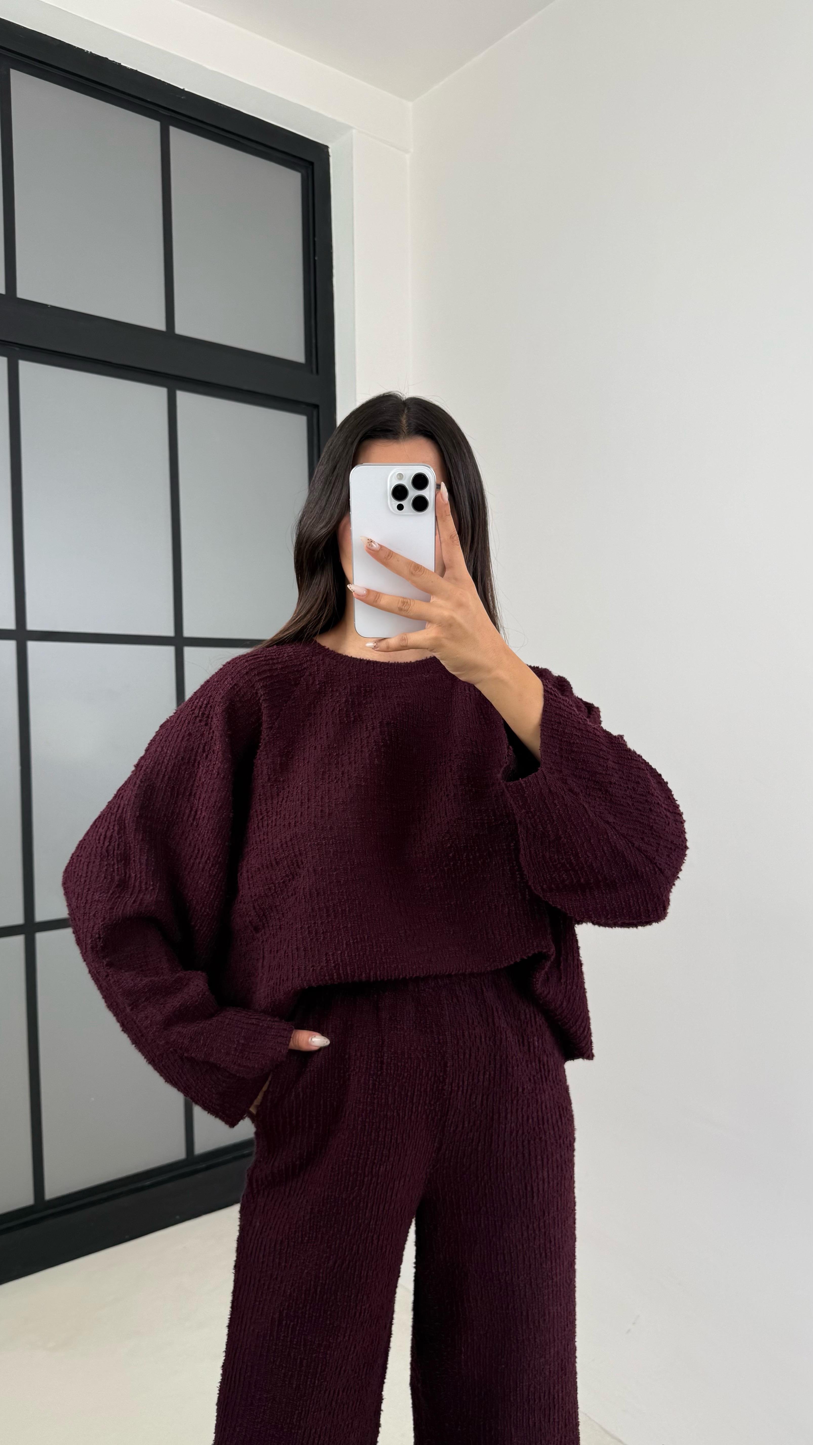 Bordo Kazak Beli Lastikli Pantolon Buklet Kumaş İkili Takım GAUS-00138GAUSTAKIMGAUS-00138