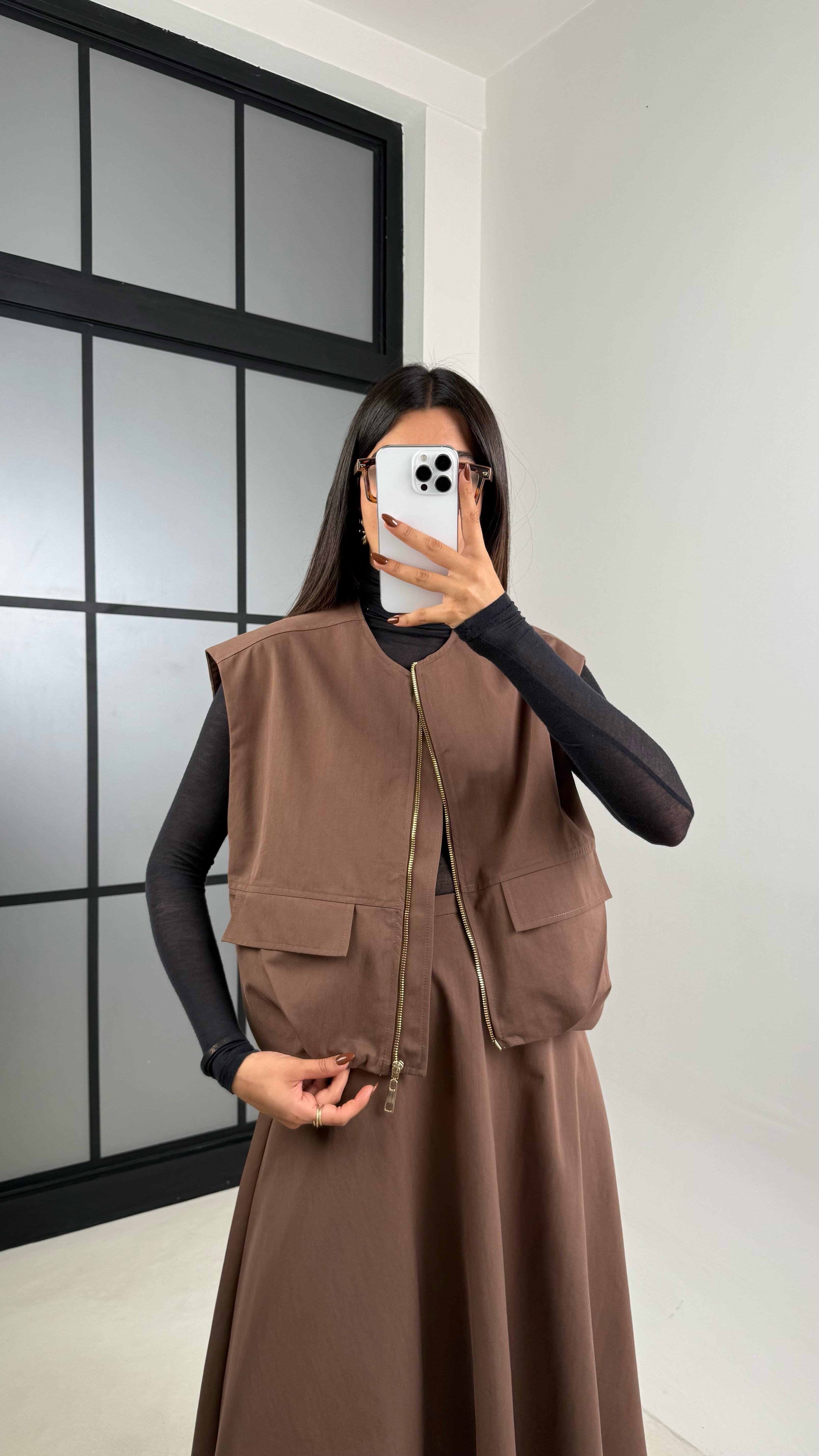 Kahve Astarlı Cep Detaylı Yelek Etek İkili Premium Takım GAUS-00181GAUSTAKIMGAUS-00181