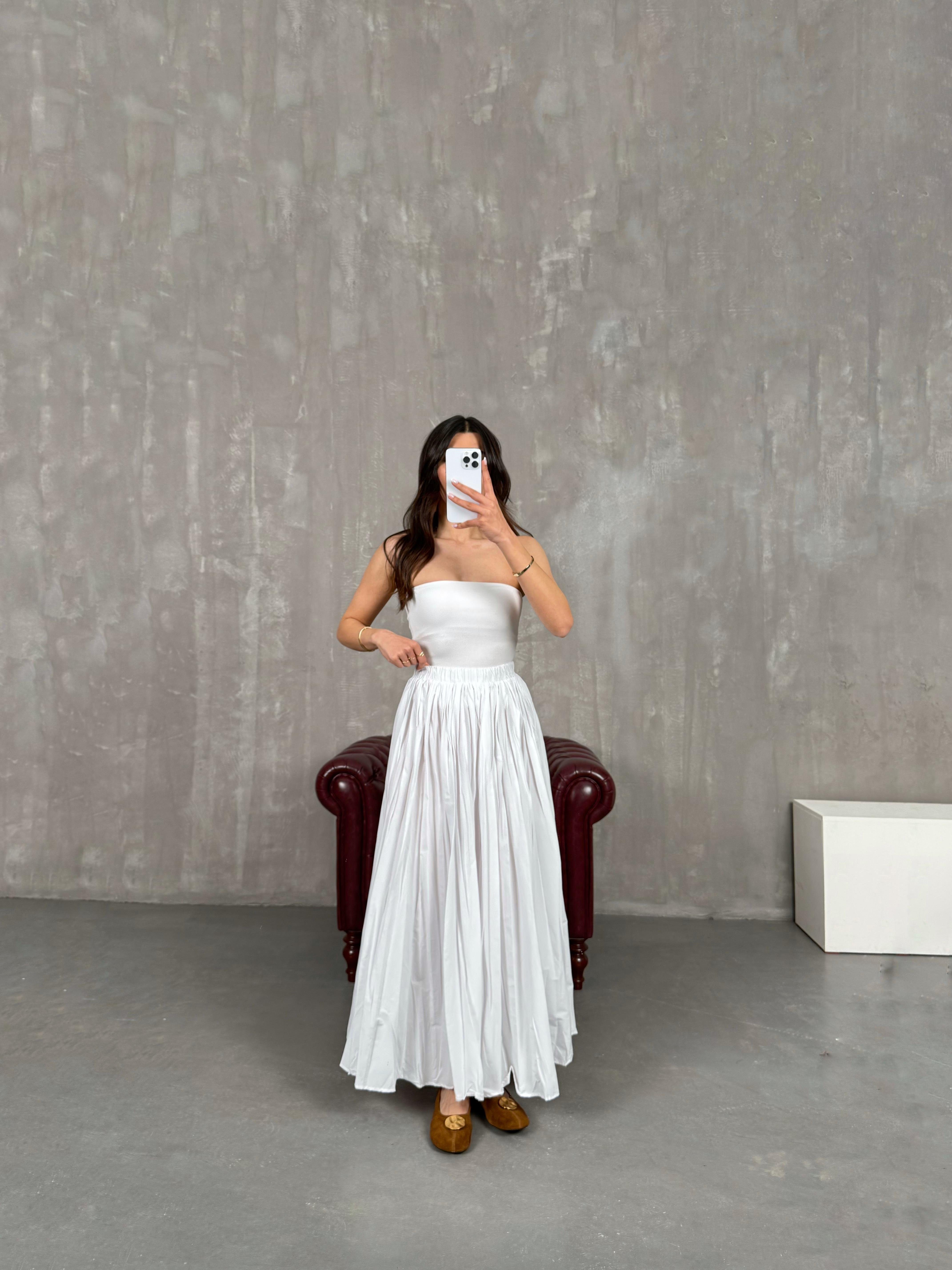 Essa Beyaz Kırışık Kumaş Kraş Maxi Boy Etek Gaus00256GausETEKGU1001595