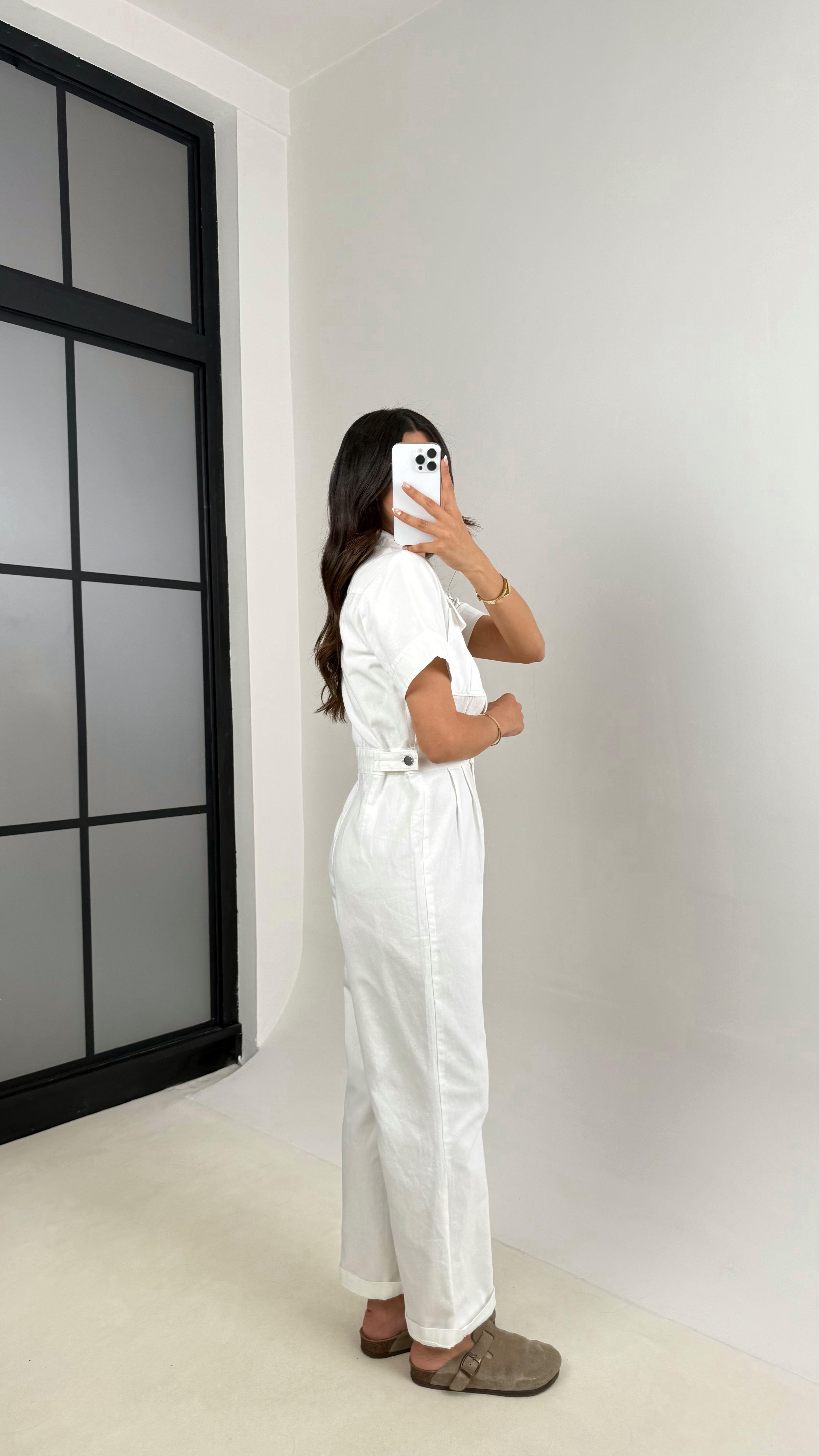 Beyaz Cep Detaylı Düğmeli Denim Tulum Gaus00529Gaus الأوفرول GU1002239