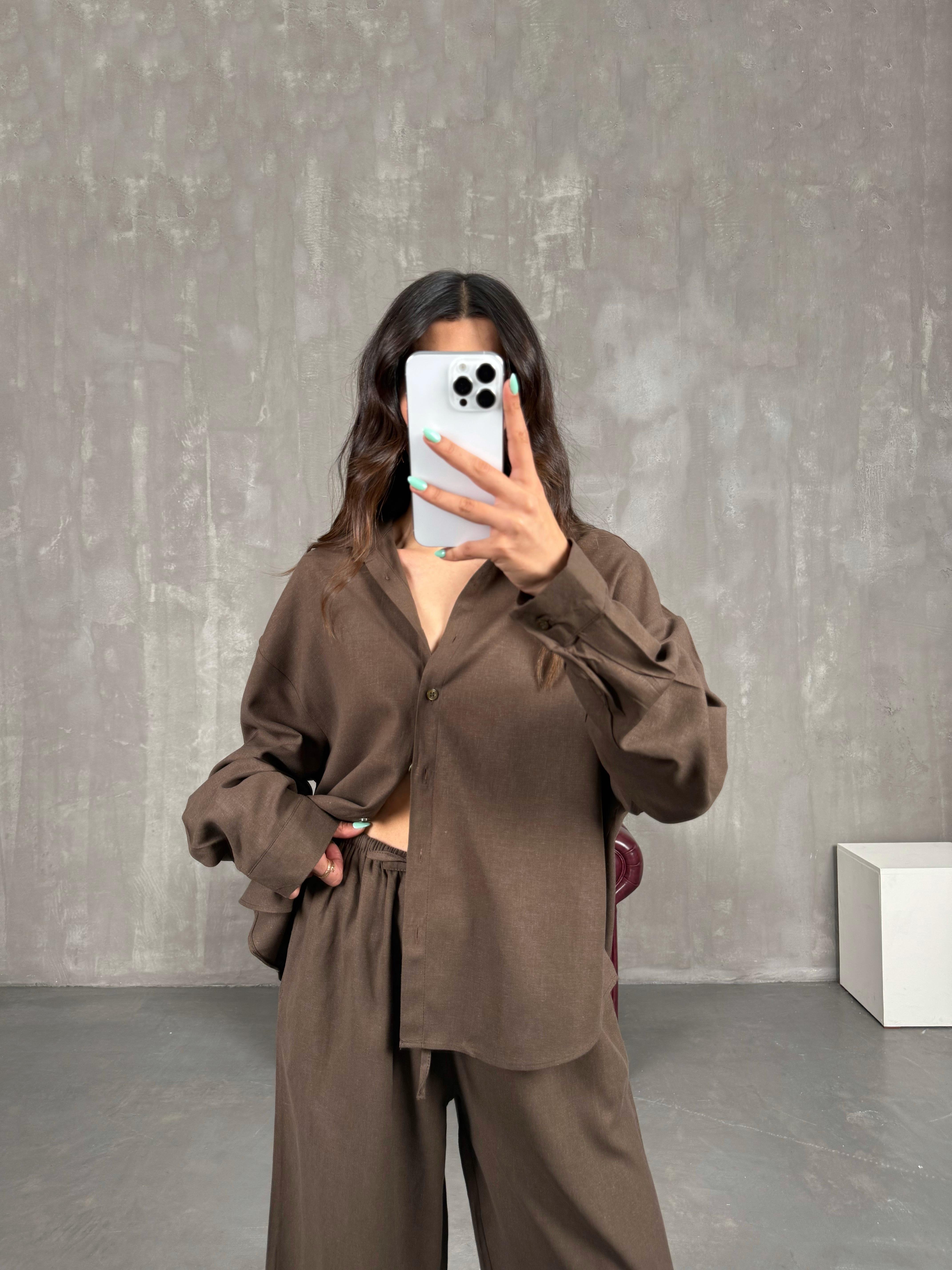 Acı Kahve Beli Lastikli Keten Takım Gaus00224GausTAKIMGU1001517