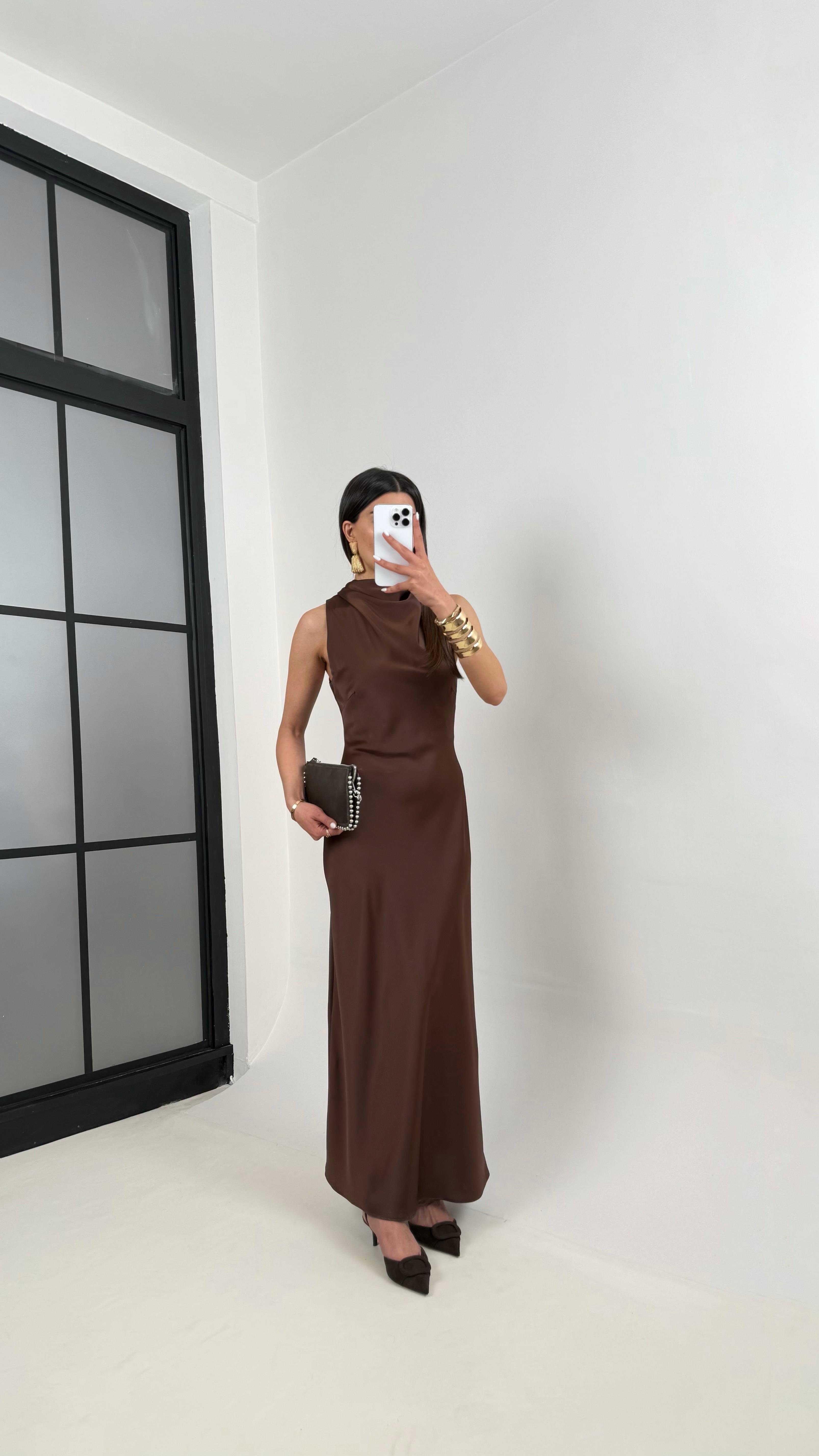 Kahve Yaka Drapeli Saten Elbise Gaus00364GausDressesGU1001844