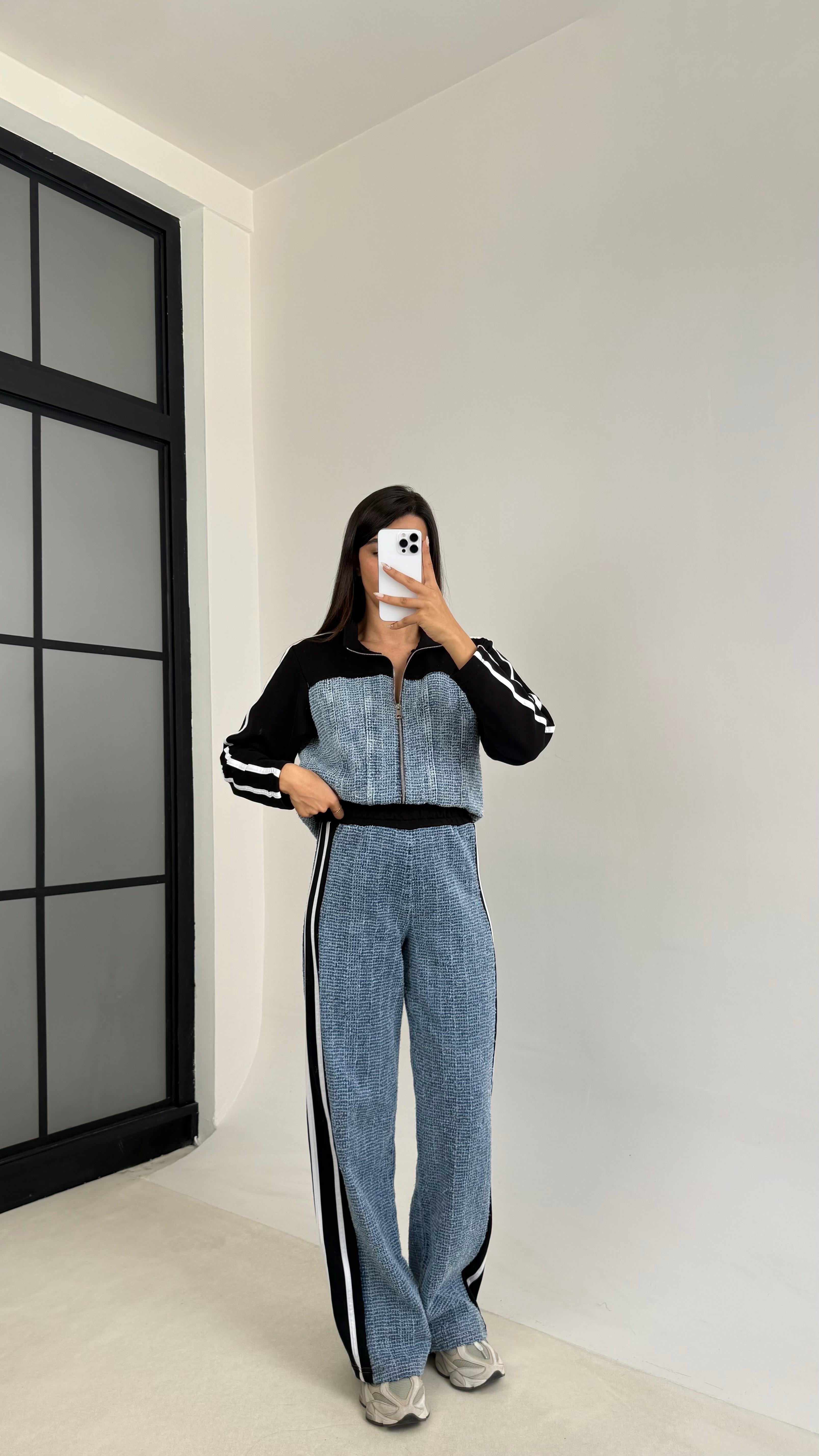 Siyah Şeritli Denim Detaylı Hırka Beli Lastikli Pantolon İkili Takım GAUS-00113GAUSTAKIMGAUS-00113