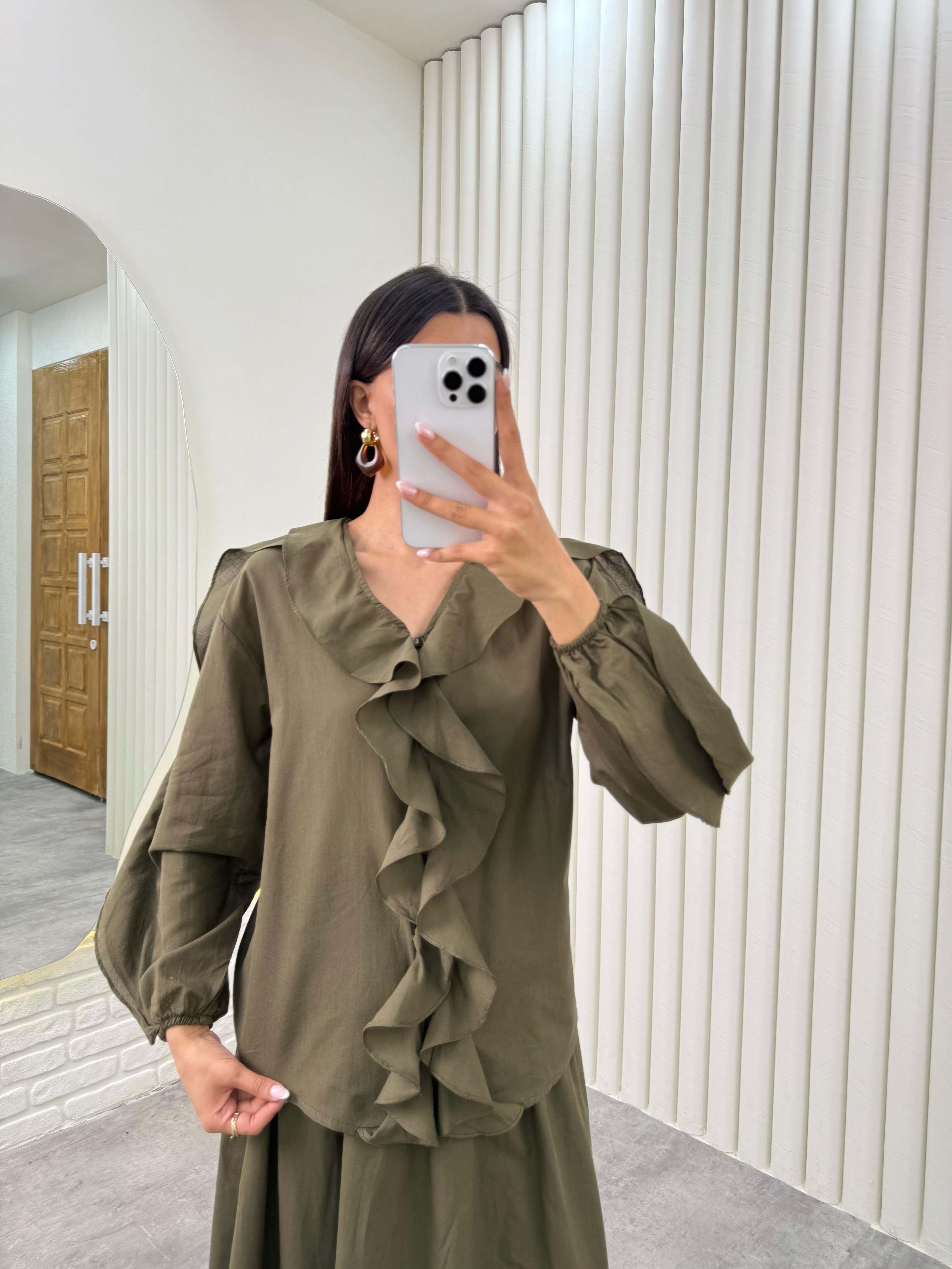 Haki Önü Düğmeli Fırfırlı Üst Beli Lastikli Astarlı Etek Vual İkili Takım Gaus00321GausTAKIMGU1001740