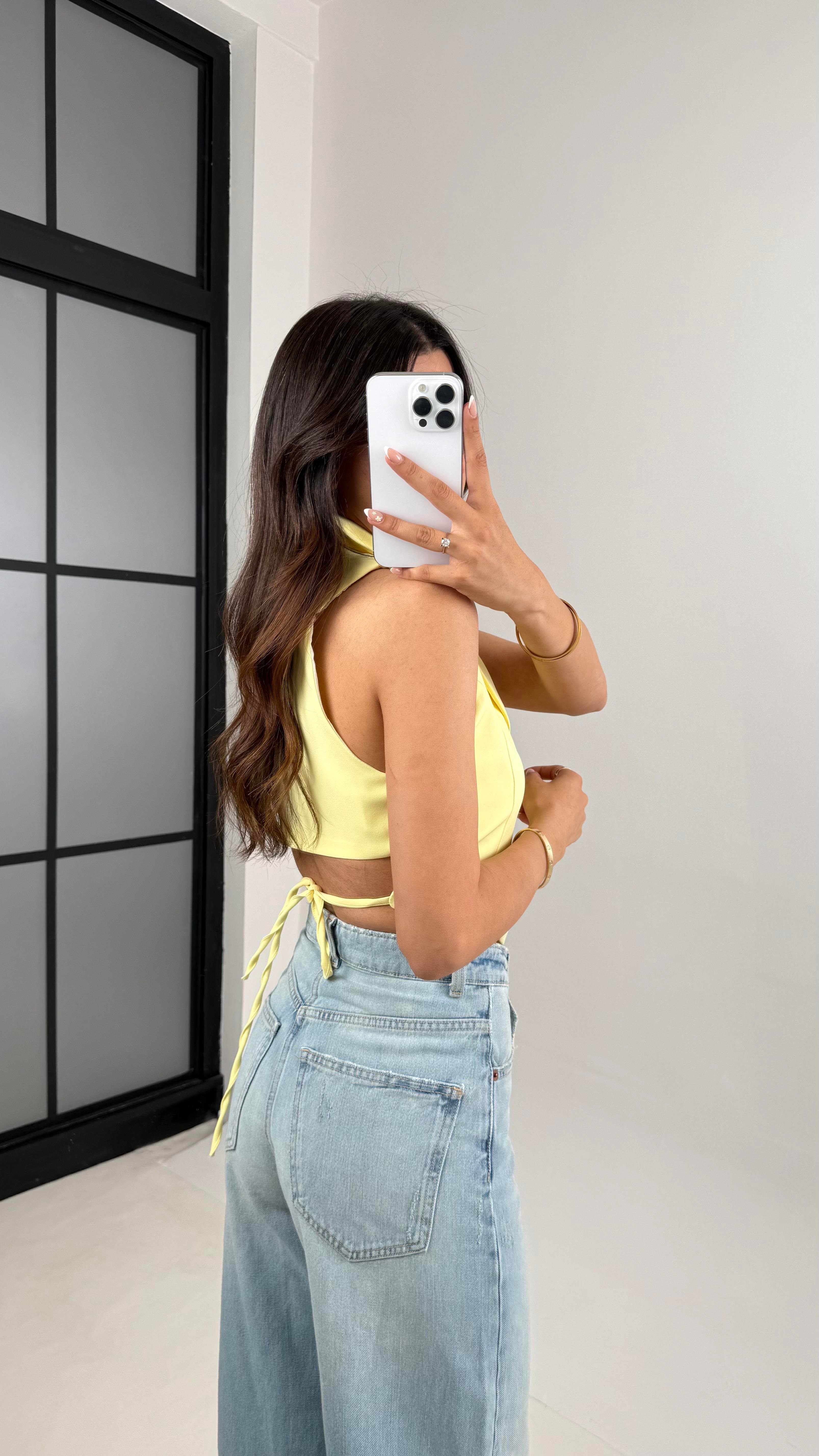 Sarı Sırt Dekolteli Astarlı Yelek Gaus00562Gaus السترات الصوفية GU1002310