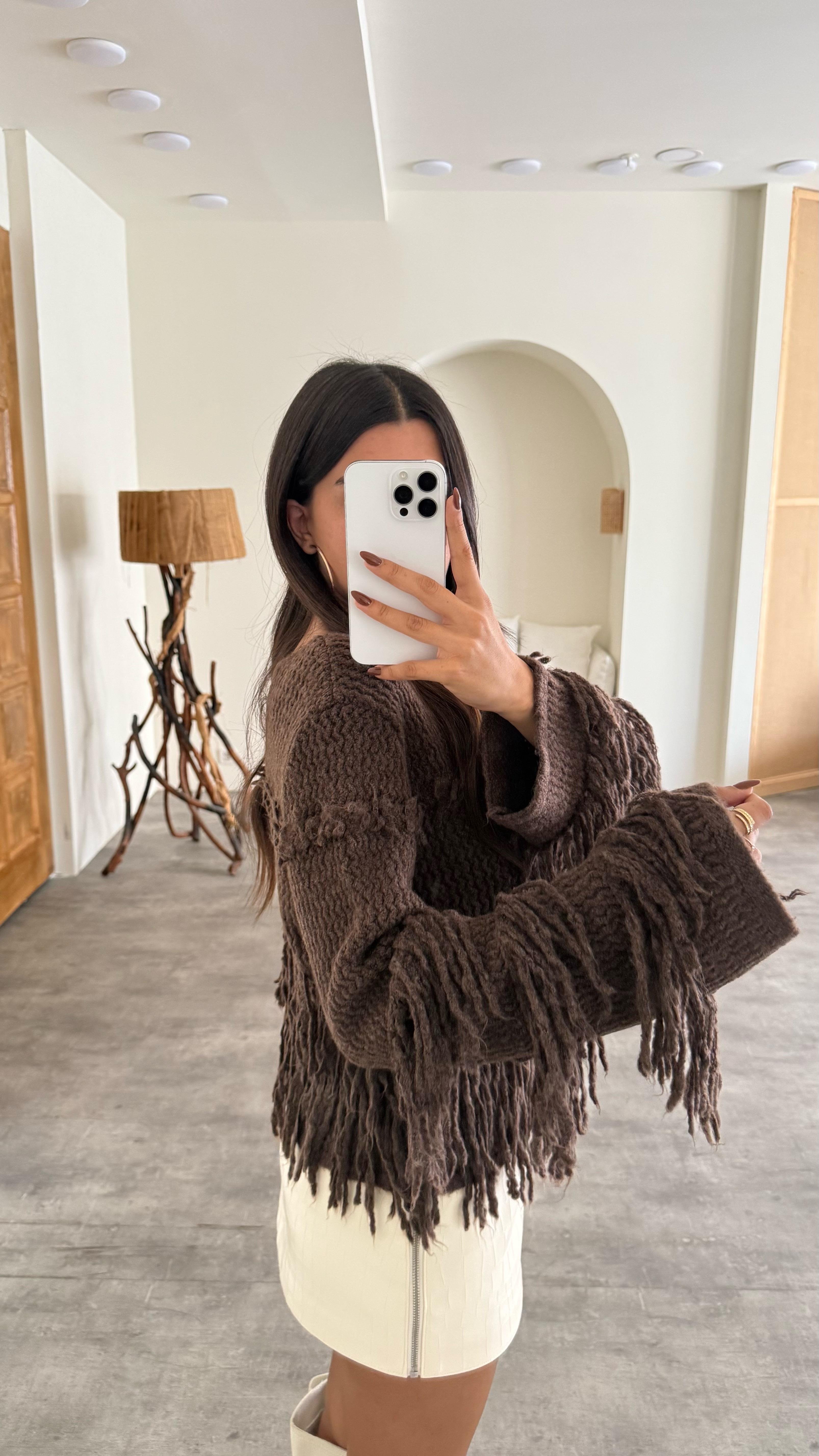 Kahve Saçaklı Örme Triko Kazak GAUS-00134GAUS الكنزات GAUS-00134