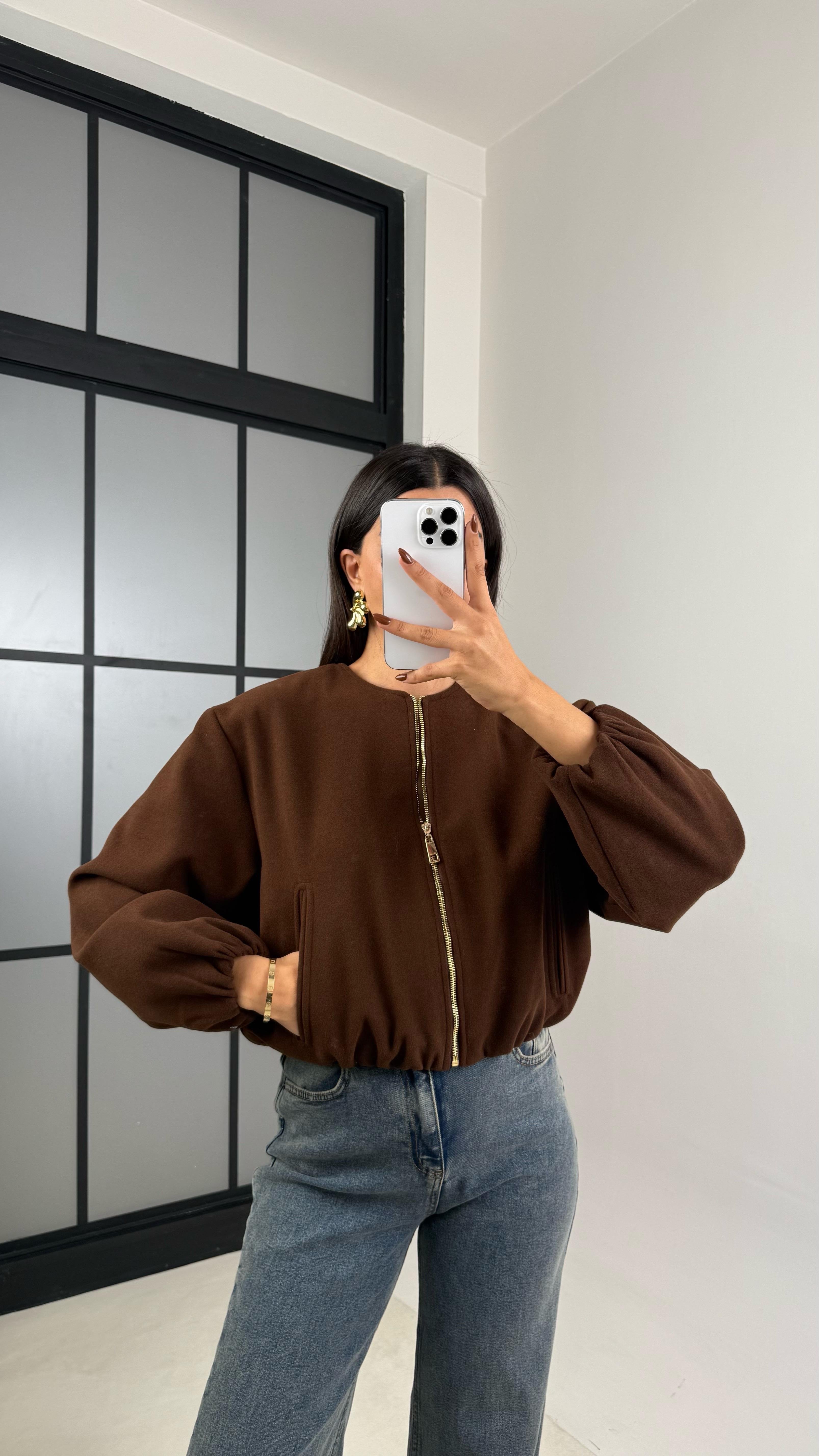 Acı Kahve Astarlı Cepli Kaşe Bomber Ceket GAUS-00191GAUS السترات  GAUS-00191