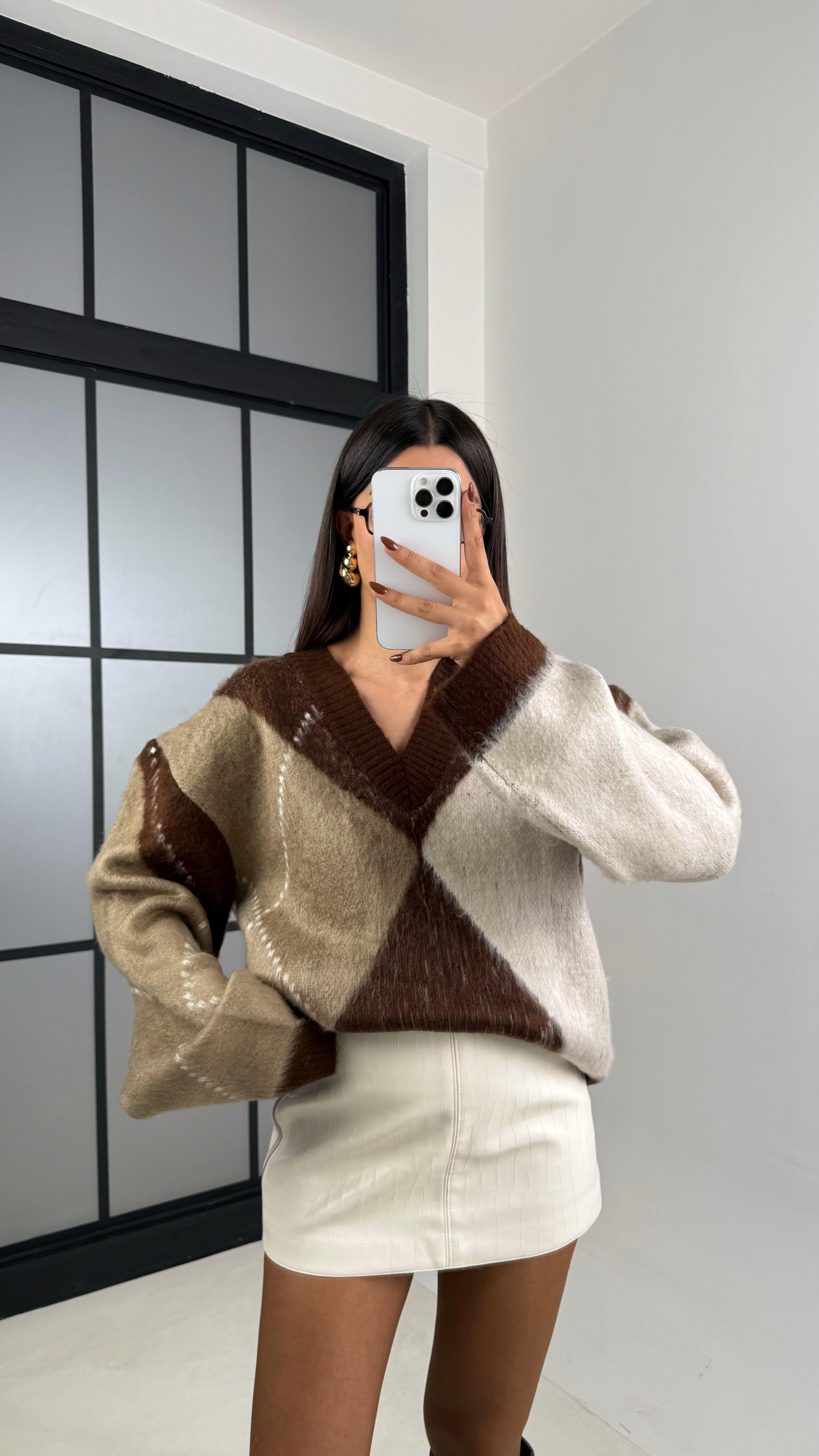 Acı Kahve Baklava Desenli Kazak GAUS-00201GAUS الكنزات GAUS-00201