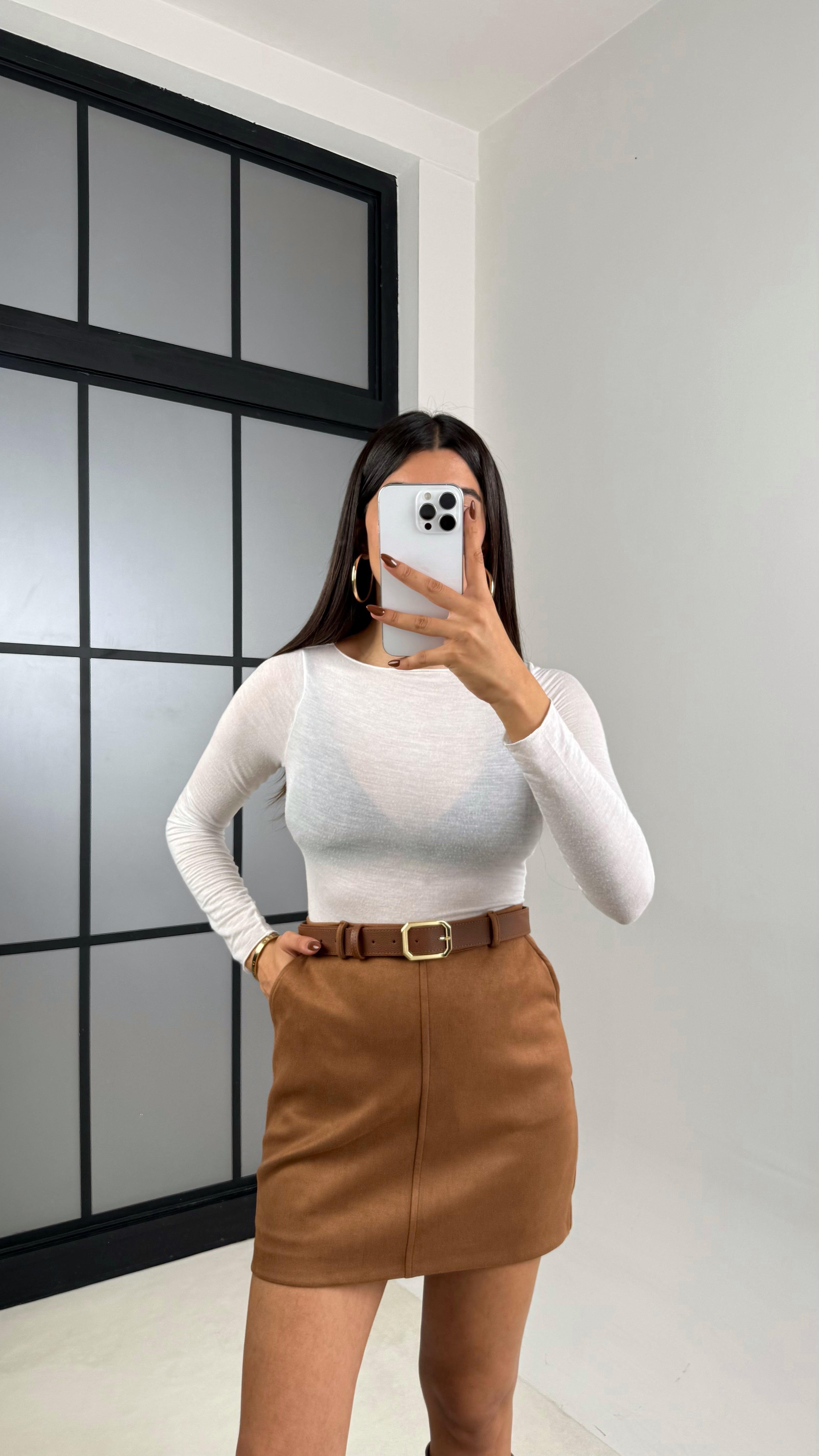 Kahve Kemerli Süet Şort Etek GAUS-00169GAUSETEKGAUS-00169