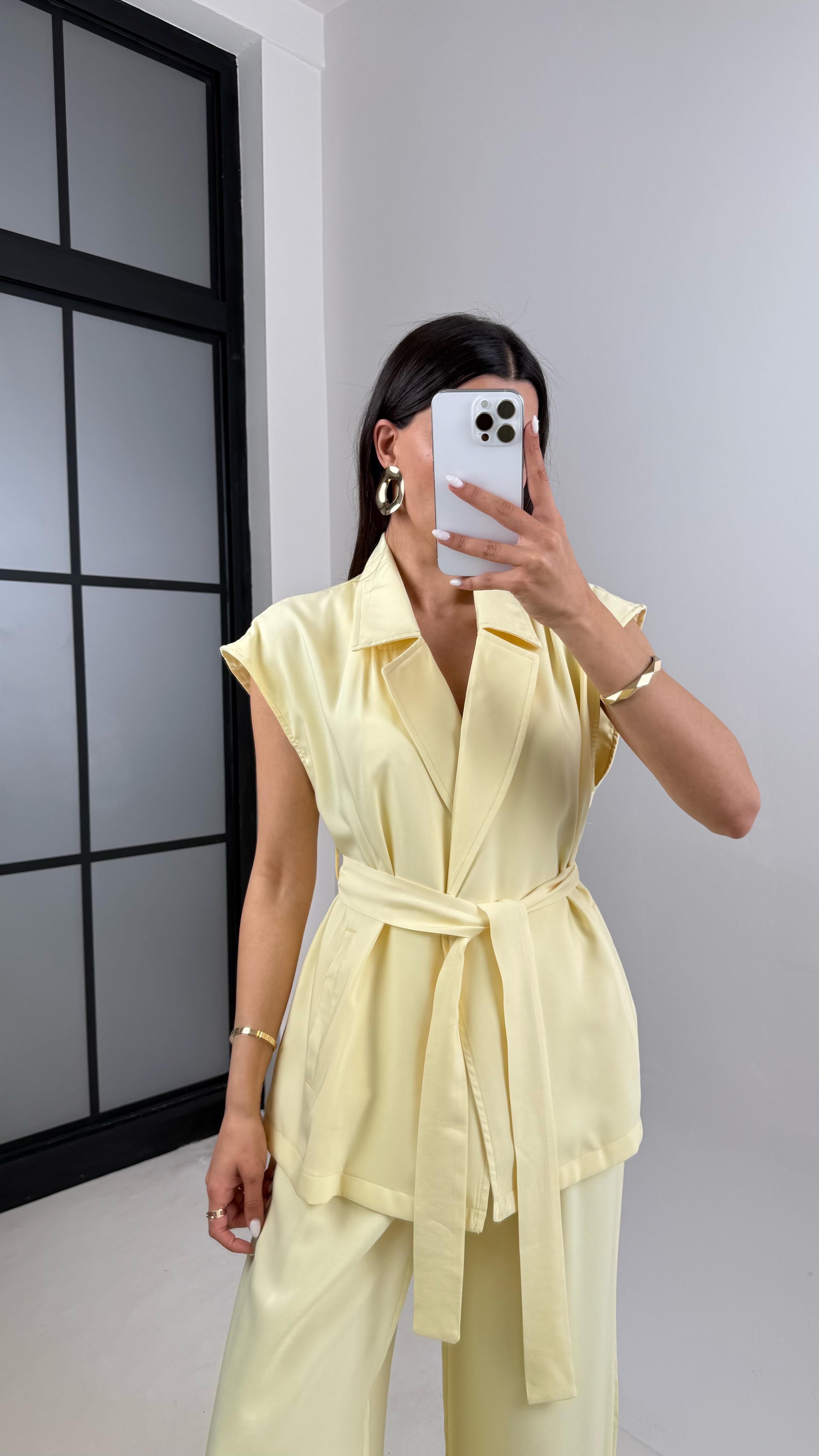 Sarı Cepli Kuşaklı Yelek Beli Lastikli Pantolon Tencel Takım Gaus00433GausTAKIMGU1002006