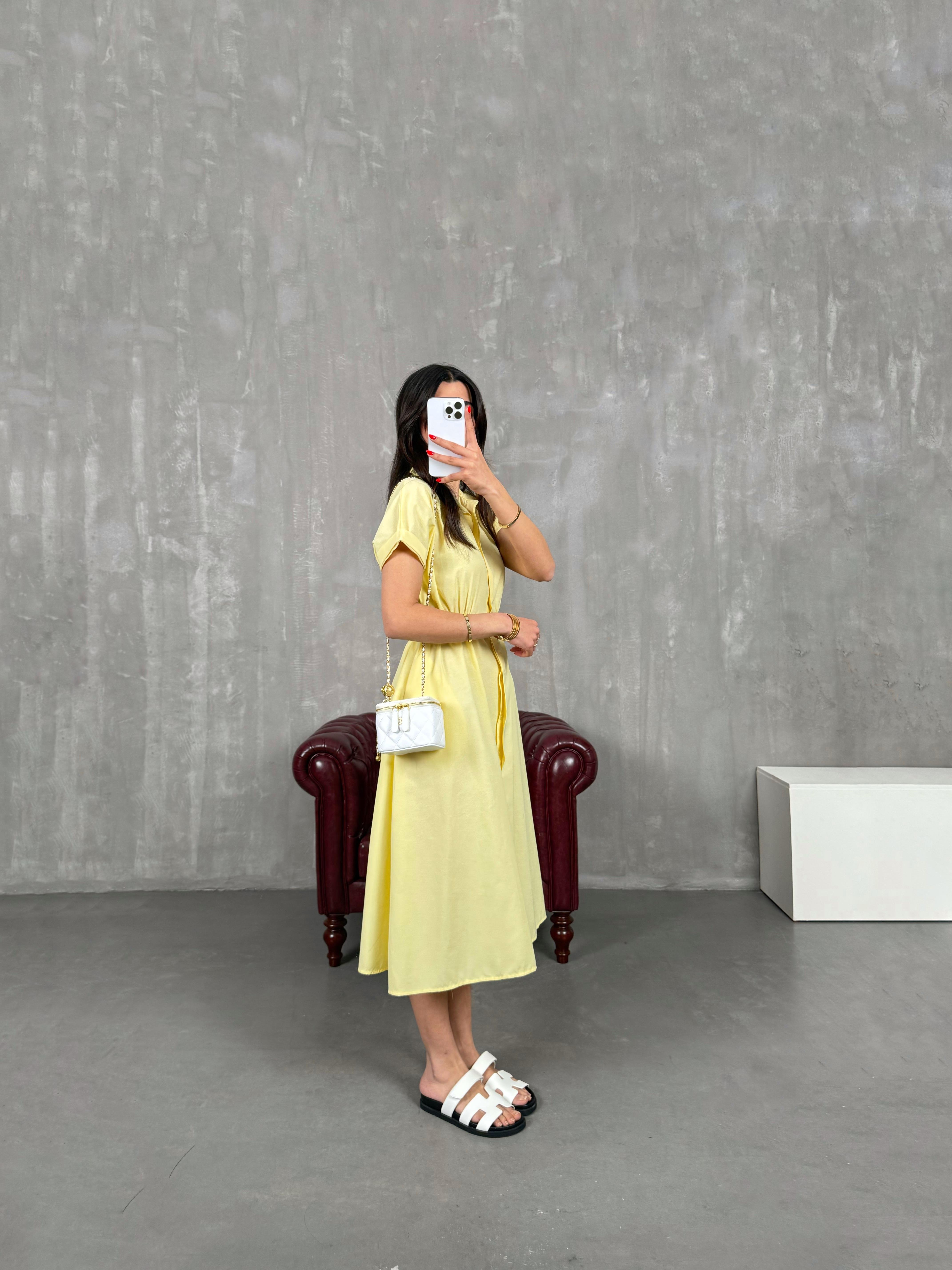 Sarı Ön Düğmeli Kuşaklı Beli Lastikli Gömlek Yaka Elbise Gaus00178GausDressesGU1001414