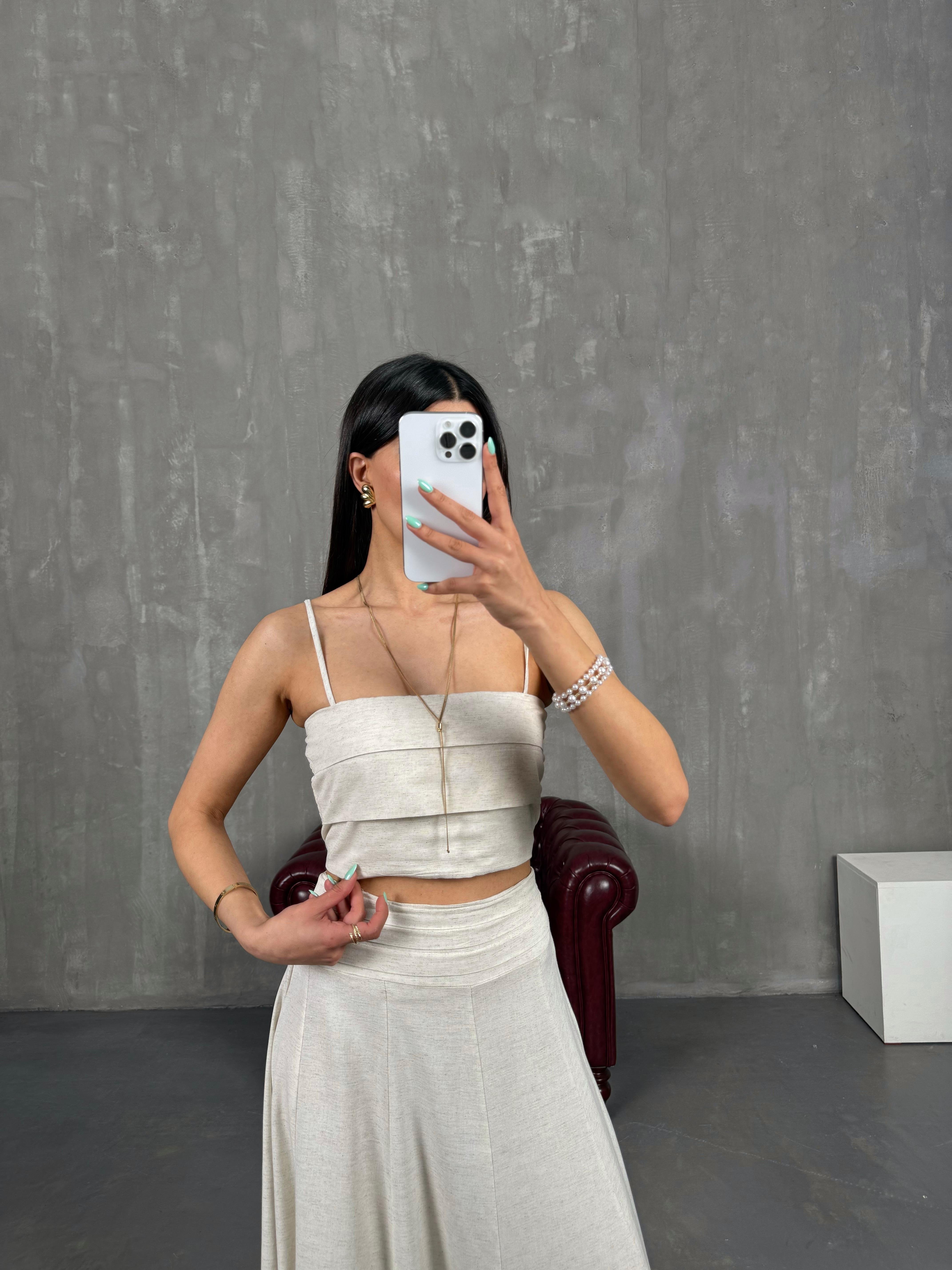 Taş Ayarlanabilir Askılı Straplez Crop Etek İkili Keten Takım Gaus00248GausTAKIMGU1001574