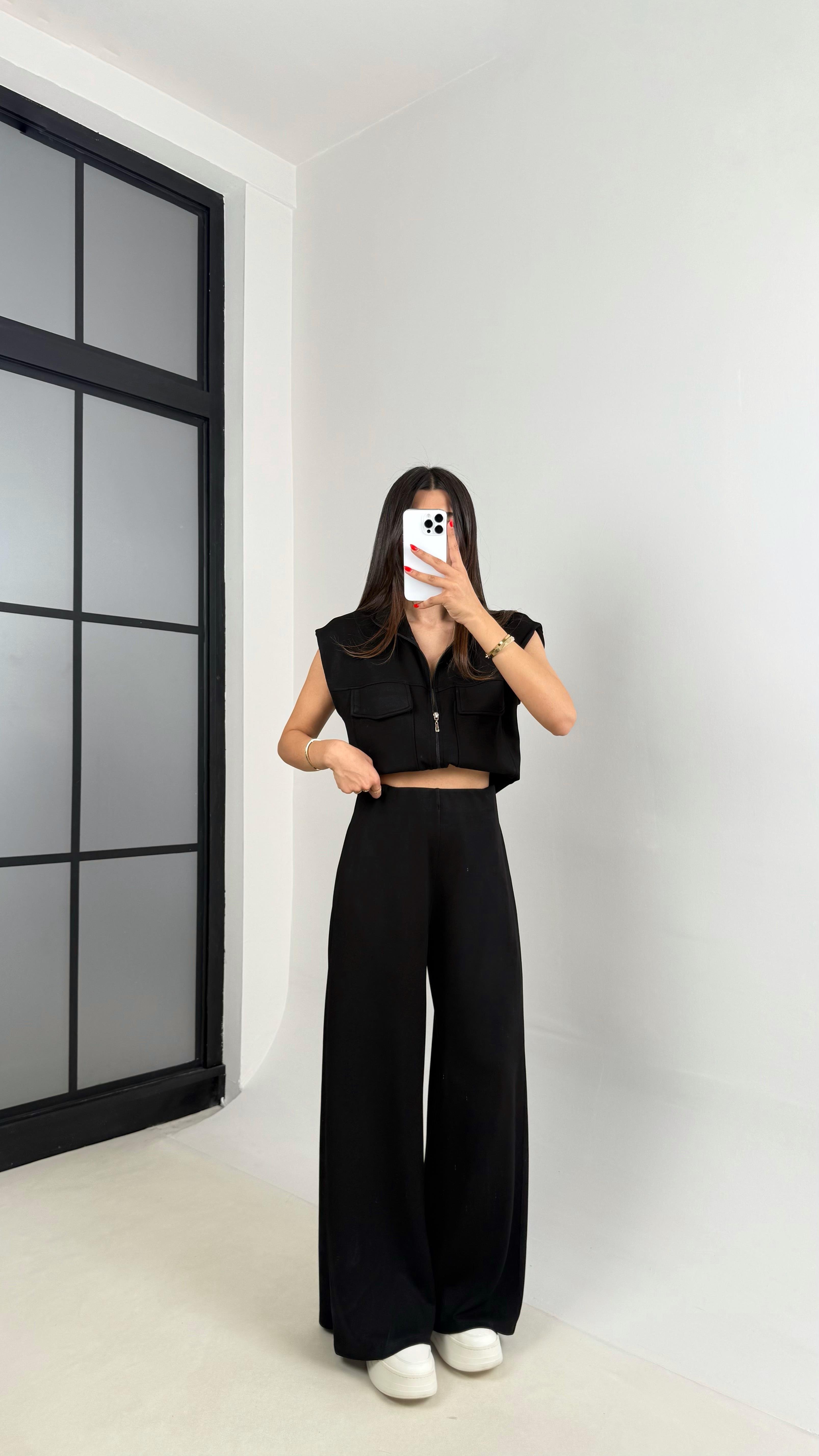 Siyah Cepli Yelek Beli Lastikli Pantolon Modal Eşofman Takım Gaus00523GausTAKIMGU1002229