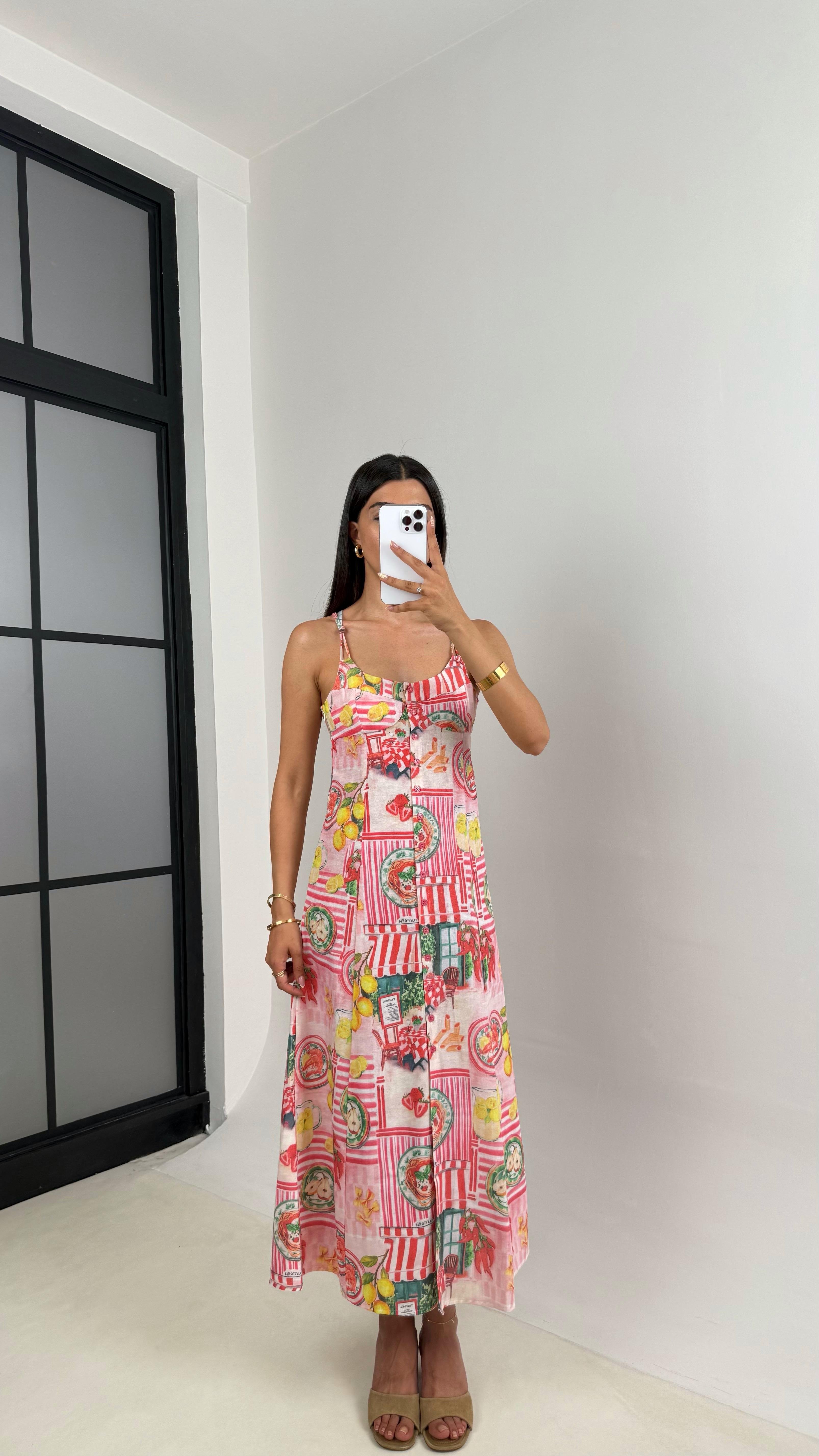 Pembe Desenli Önü Düğmeli Sırt Dekolteli Pinterest Keten Elbise Gaus00673GausELBİSEGU1002551