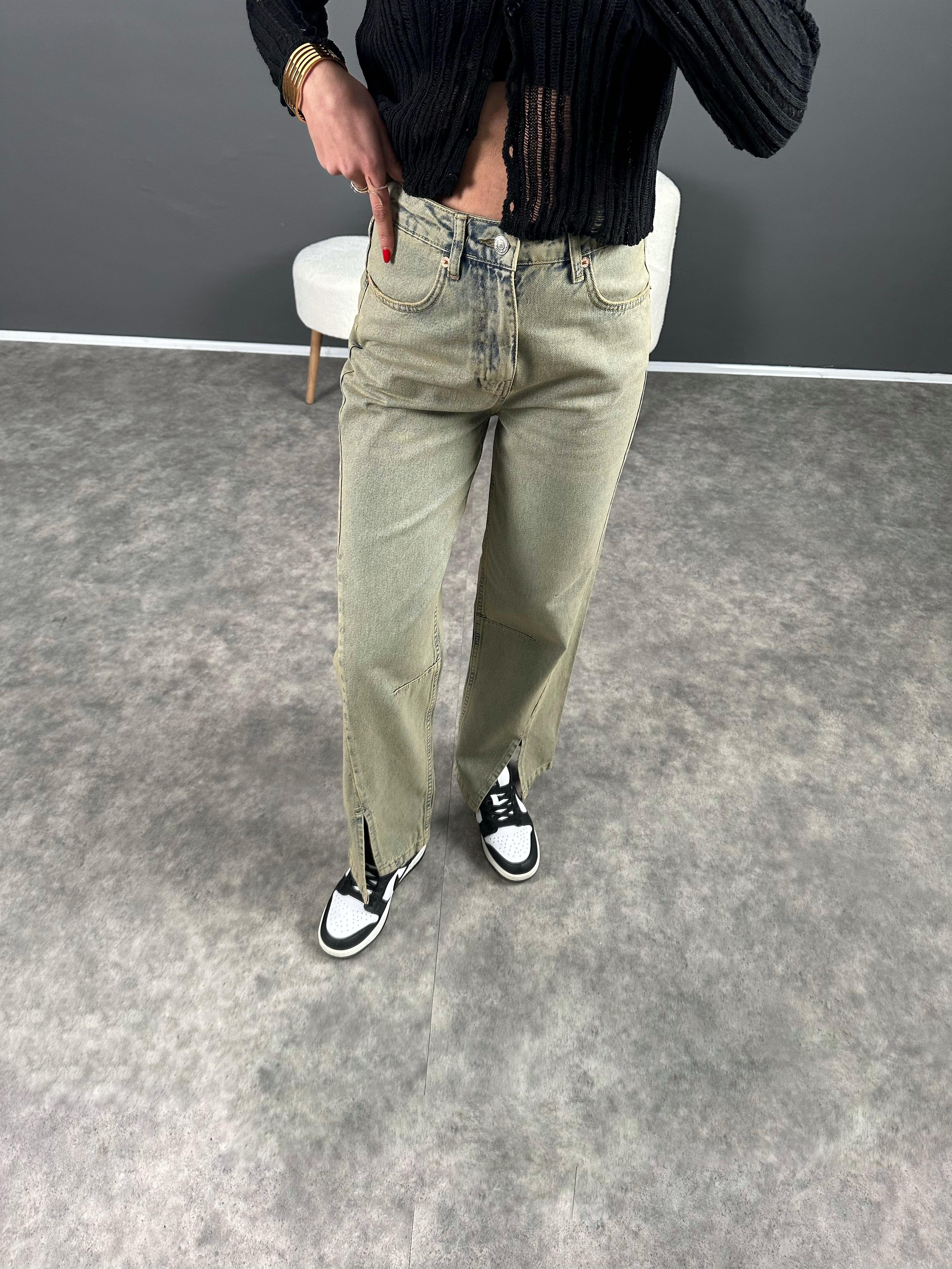 Yung Yeşil Eskitme Ön Yırtmaçlı Jean GausDENİM PANTOLONGU004418